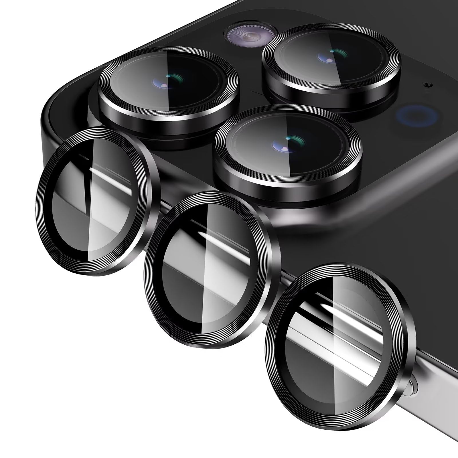Jeluse 3X2 Pack 9H Tempered Glass Camera Lens Protector for iPhone 16 Pro Max/16 Pro/14 Pro Max/14 Pro - Anti-Scratch HD Clear Screen Protector Cover with Metal Alignment Ring Kit - Perfect for Outdoor Photography & Daily Protection