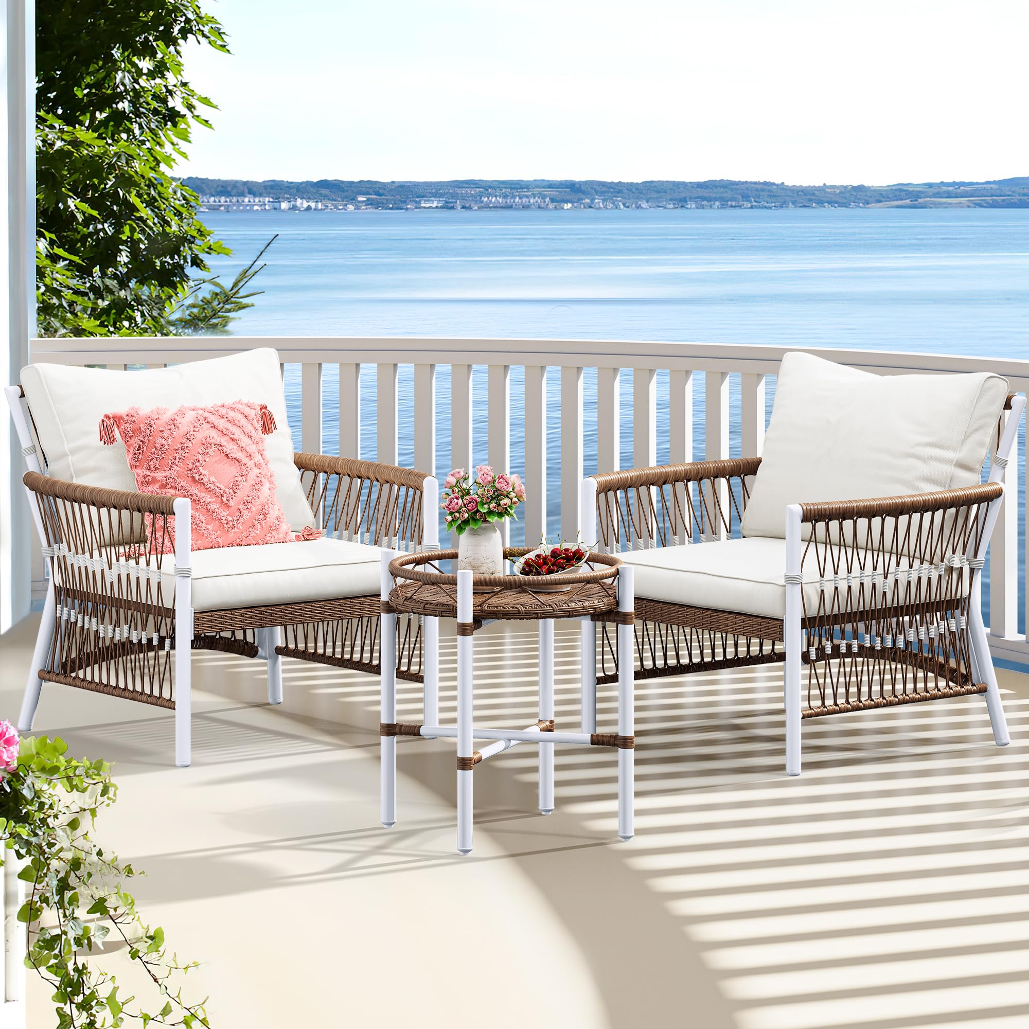 YITAHOME 3-Piece Outdoor Patio Furniture Set - All-Weather Wicker Bistro Chairs with Soft Cushions, Beige Rattan Conversation Set for Backyard, Balcony, Deck - Perfect for Relaxing, Entertaining & Outdoor Dining