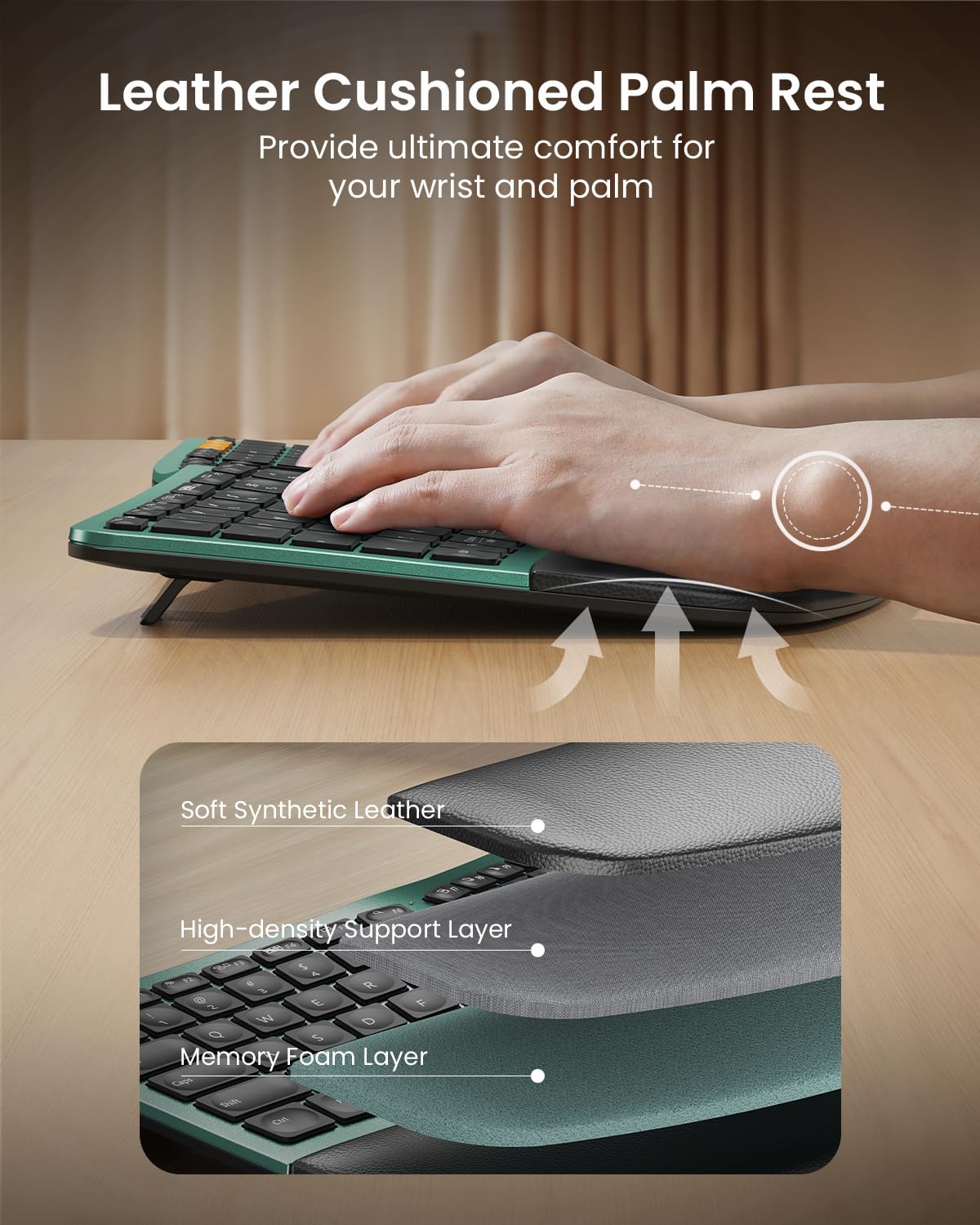 ProtoArc EK01 Plus Backlit Bluetooth Ergonomic Wireless Split Keyboard - Full Size with Dual Bluetooth & USB, Cushioned Wrist Rest, Rechargeable - Compatible with Windows/Mac/Android (Green) | Perfect for Office Work, Gaming & Long Typing Sessions