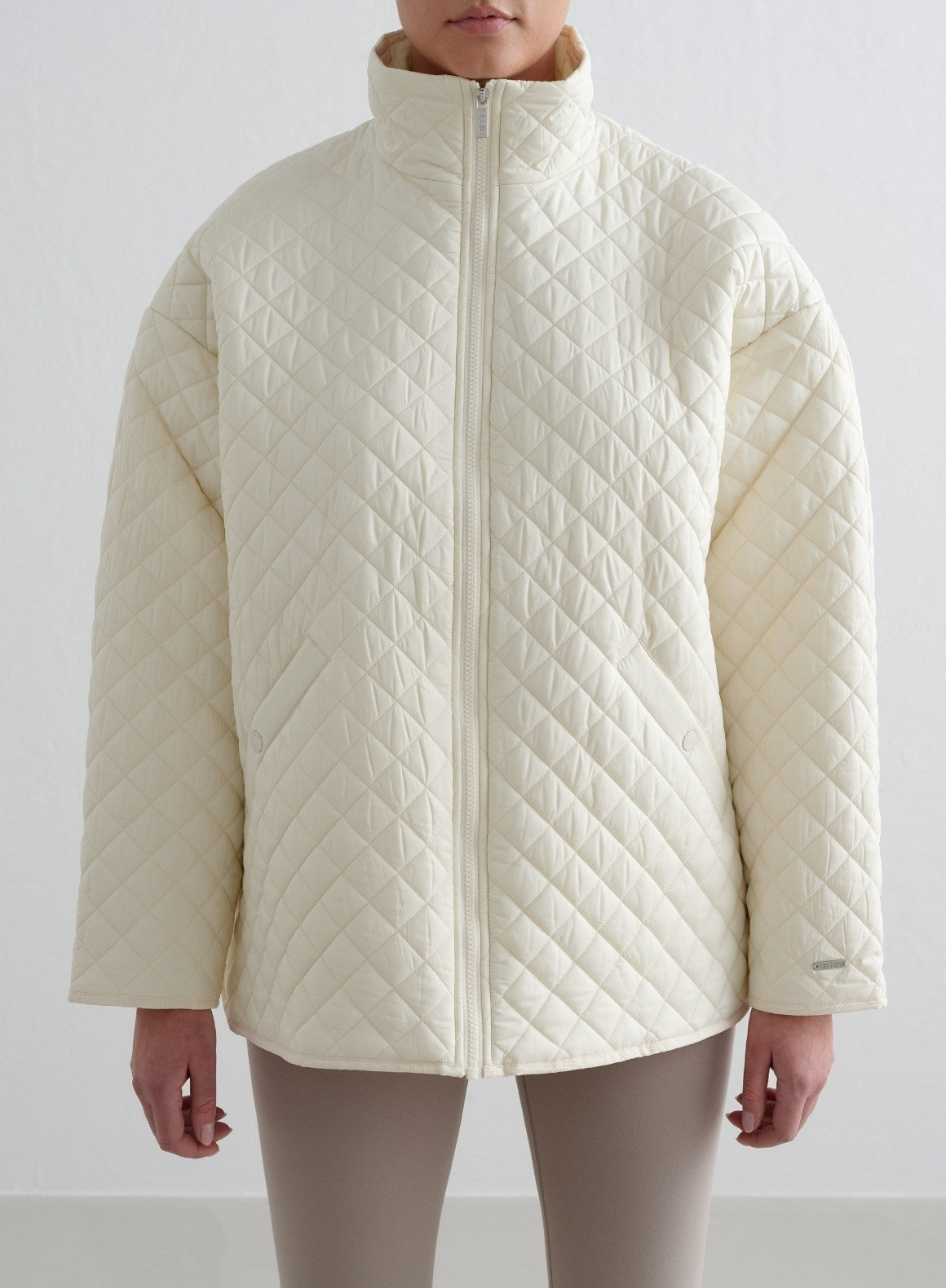 Almond White Oversized Quilted Jacket for Women - Cozy Winter Puffer Coat with Stand Collar & Zipper Closure (Casual Outfits, Streetwear Fashion, Cold Weather Layering)