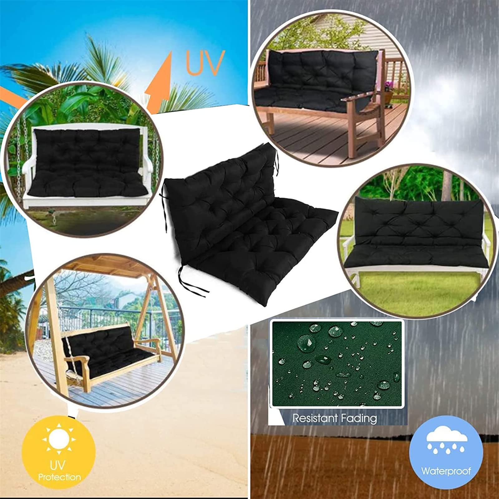 2/3 Seat Swing Replacement Cushion with Backrest & Straps - Non-Slip, UV-Resistant Navy Blue Porch Bench Cushion for Outdoor Relaxation & Garden Decor