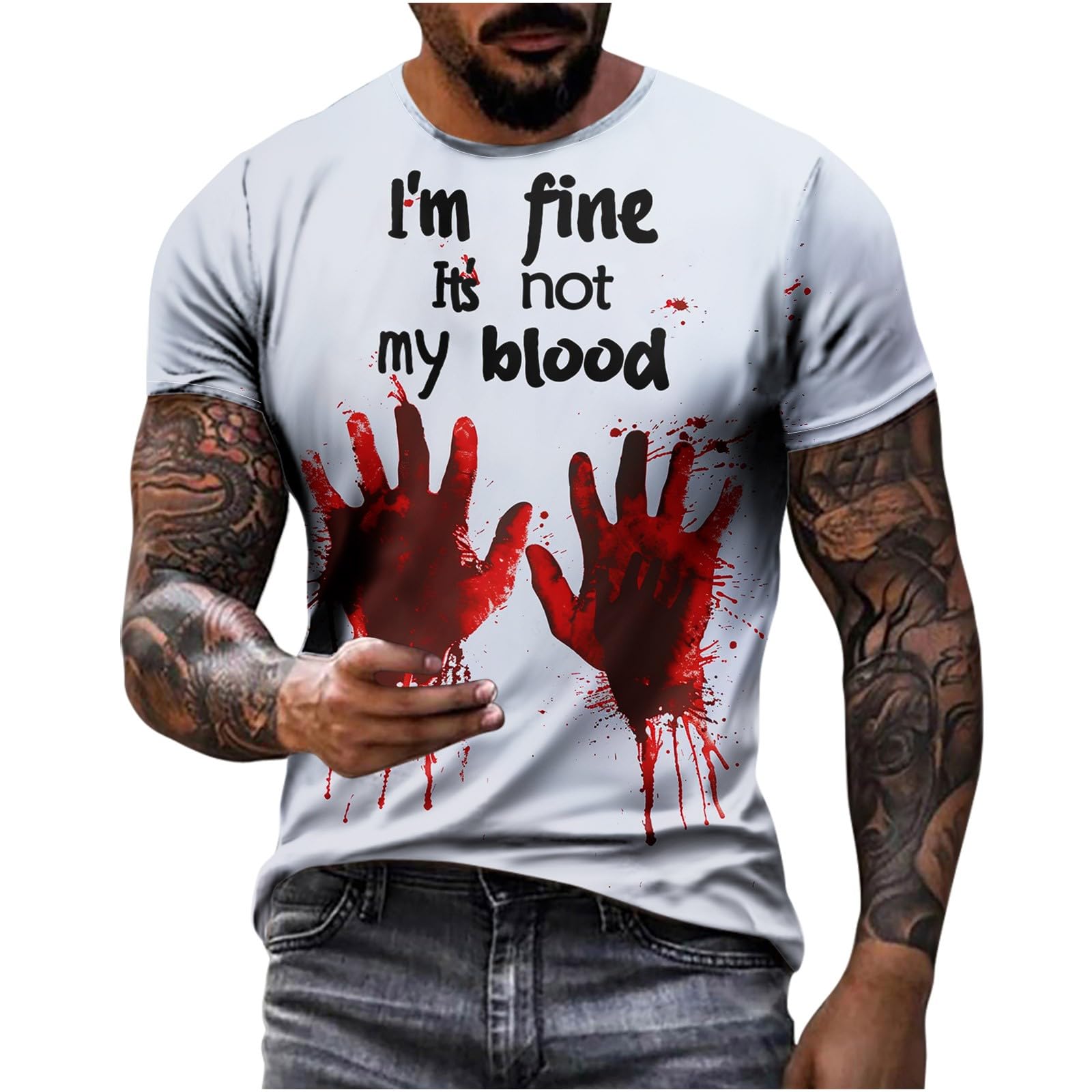 Funny Halloween Graphic T-Shirt for Men - 'I'm Fine It's Not My Blood' Novelty Short Sleeve Tee | Perfect for Costume Parties, Horror Movie Nights & Halloween Events