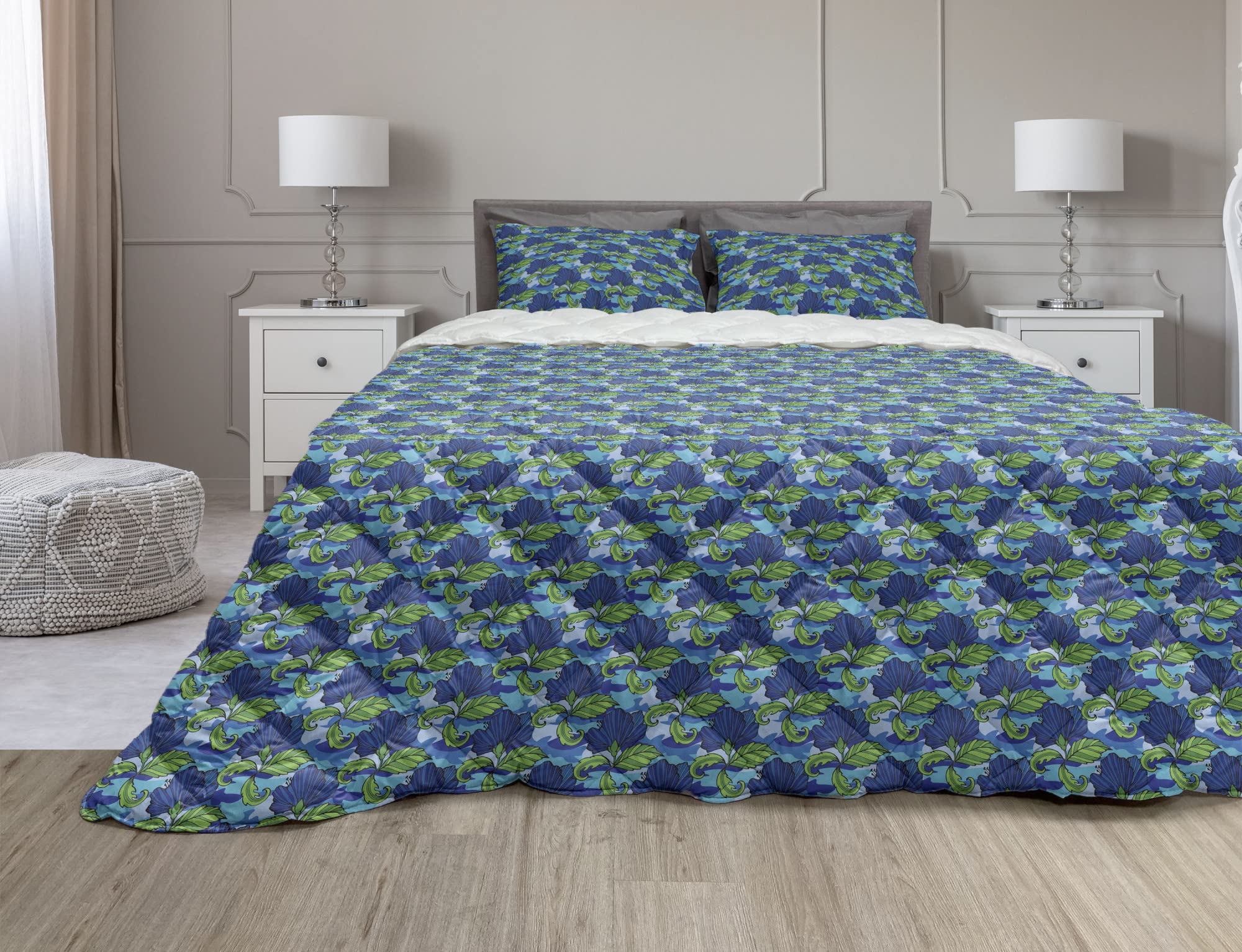 Ambesonne Floral Comforter & Sham Bedding Set - Tropical Flowers Camouflage Pattern Ethnic Hawaiian Style, 2-Piece Microfiber Duvet Set in Fern Green & Dark Blue | Perfect for Twin Beds, Boho Bedroom Decor & Tropical Themed Guest Rooms
