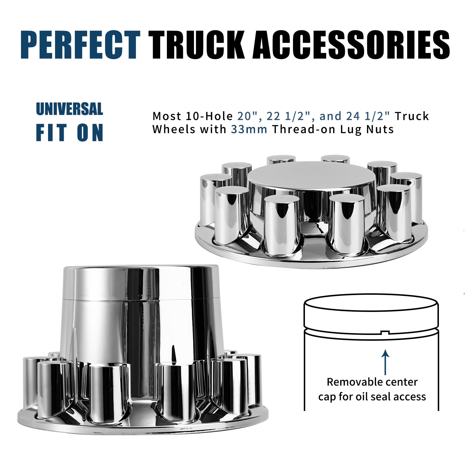 Chrome Semi Truck Wheel Covers - Set of 2 Front & 4 Rear Axle Hub Covers with 33mm Thread-On Lug Nut Covers for Semi Trucks & Trailers | Heavy Duty Protection & Stylish Upgrade for Long Haul Trucks