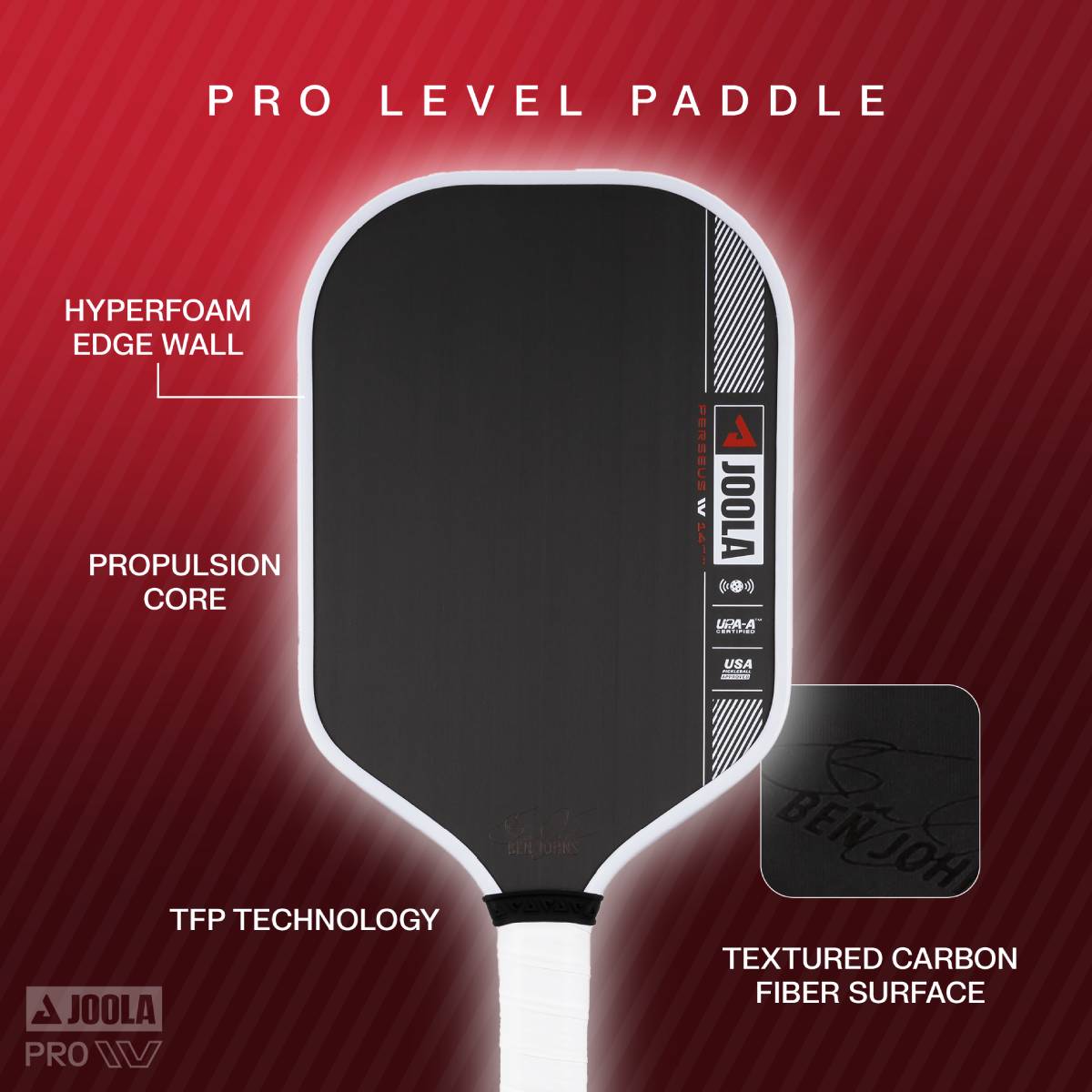 JOOLA Ben Johns Perseus Pro IV Pickleball Paddle - Premium Carbon Fiber Surface for Power & Control - Perfect for Tournament Play & Competitive Pickleball Matches