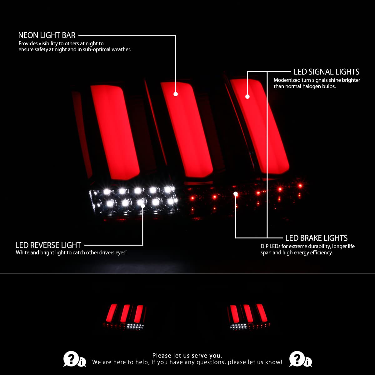 AUTOZENSATION LED Tail Lights for 1999-2004 Ford Mustang - Left & Right Pair, Jet Black Housing with Red LED Bar | Perfect for Night Driving & Car Customization