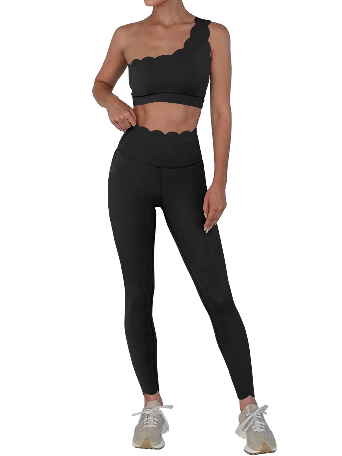 Fisoew Women's 2-Piece Workout Set - High Waisted Yoga Leggings & One Shoulder Sports Bra - Stretchy Gym Tracksuit for Running, Yoga & Fitness
