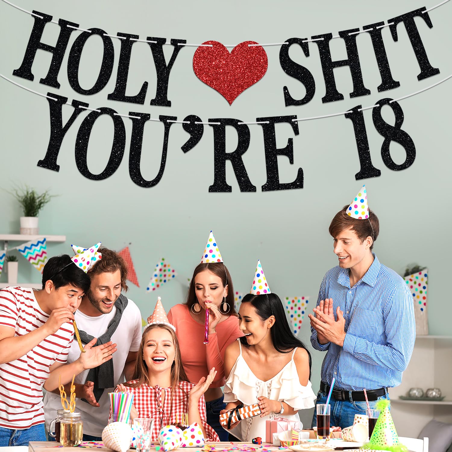 Funny Happy 18th Birthday Banner - Holy Sh*t You're 18 Bunting Sign for 18th Birthday Party Decorations | Cheers to 18 Years Adultish Decor for Boys & Girls | Perfect for Birthday Celebrations, Anniversaries & Milestone Parties