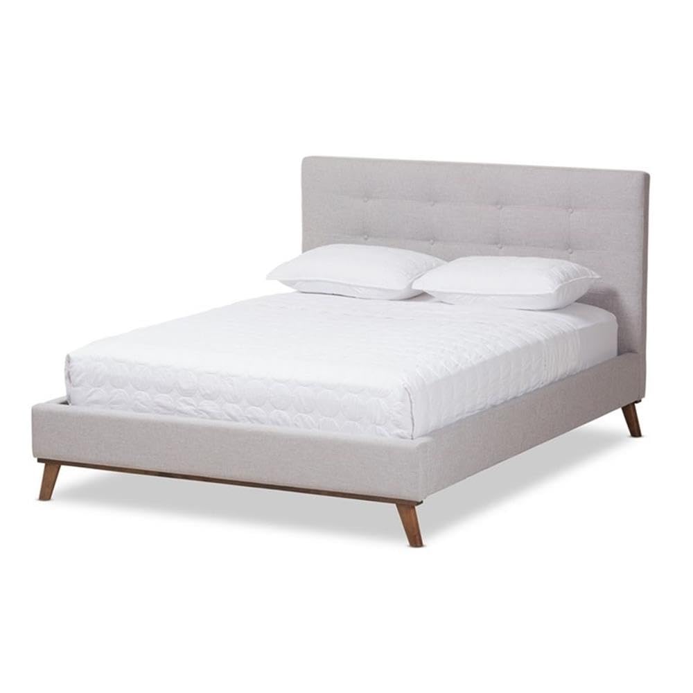 Baxton Studio Valencia Upholstered Queen Size Platform Bed Frame - Grayish Beige Fabric Headboard & Modern Minimalist Design | Perfect for Master Bedroom, Guest Room & Small Space Apartments
