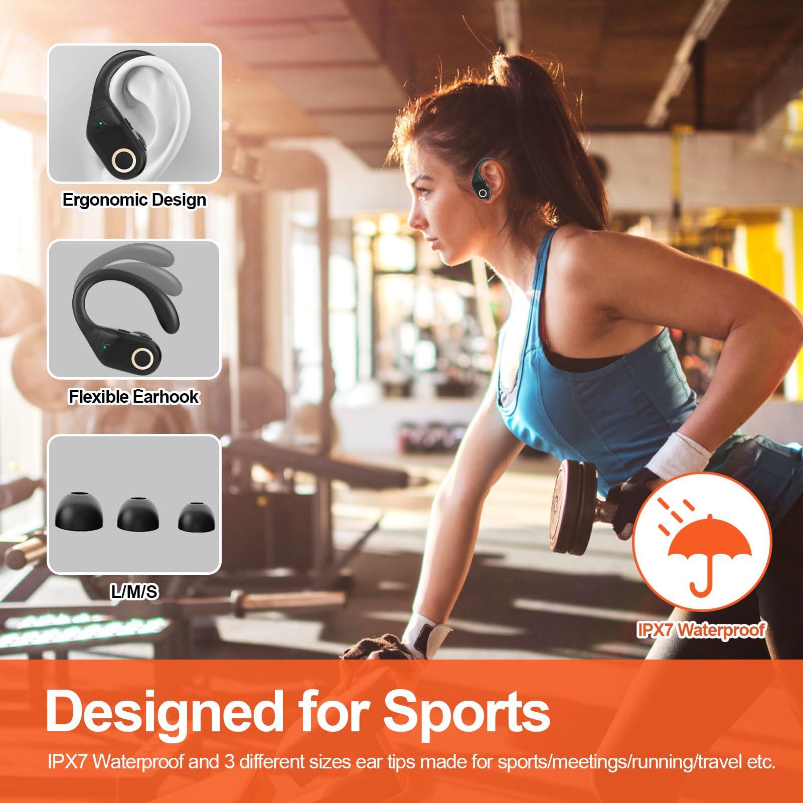 Premium Wireless Bluetooth Earbuds with Active Noise Cancelling, IPX7 Waterproof Sports Headphones - Bluetooth 5.4, 48H Battery Life, Secure Fit for Running, Gym & Office Work - Perfect for Commuting, Travel & Workouts (Black/Red)