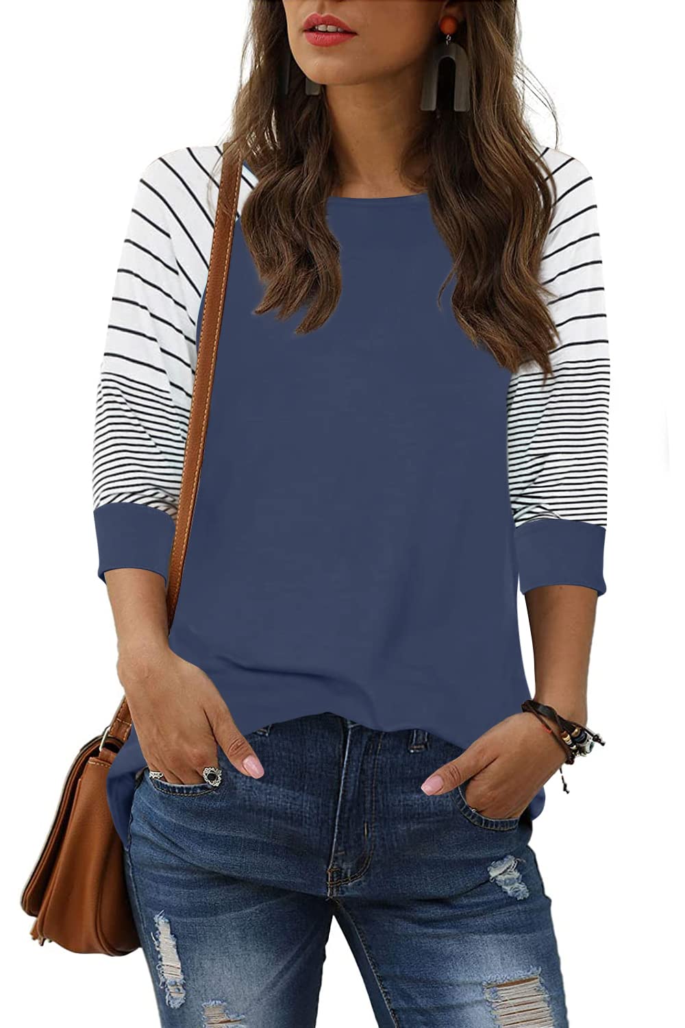 ReachMe Women's Casual 3/4 Sleeve Striped Raglan Tee - Loose Fit Crewneck T-Shirt Blouse for Everyday Wear, Work & Weekend Outfits