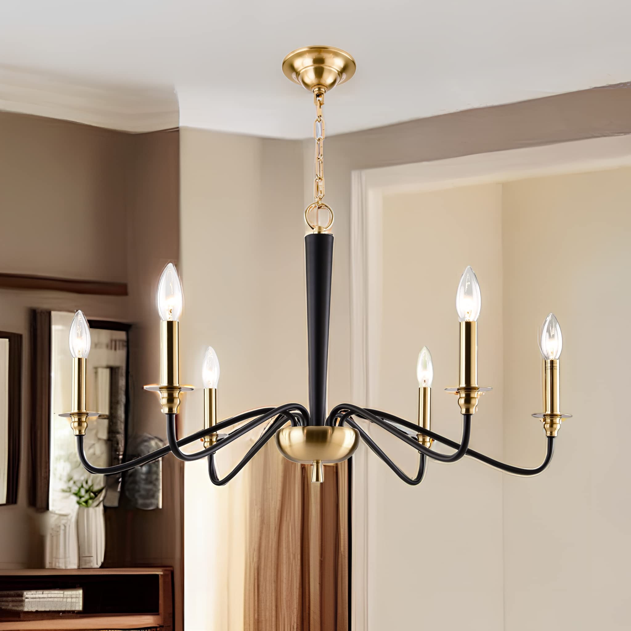 PAPAYA Modern Farmhouse Chandelier - 6-Light Black & Gold Rustic Vintage Industrial Hanging Candle Pendant Light Fixture for Kitchen Island, Dining Room, Living Room, Foyer - Perfect for Farmhouse, Industrial, and Vintage Home Decor