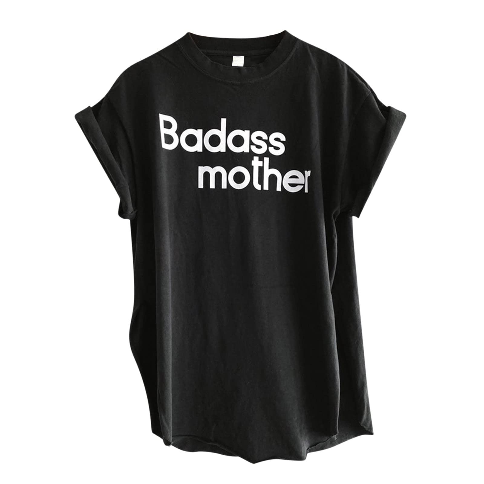 JHOKCI Vintage T-Shirts for Women - Side Split Letter Print Blouse, Casual Loose Y2K Streetwear Top | Perfect for Badass Mother Outfits, Music Festivals & Urban Fashion