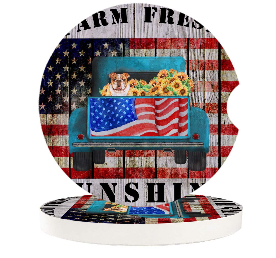 Wood Grain Ceramic Car Coasters Set of 6 - Non-Slip Fingertip Grip for Easy Removal - French Bulldog in Truck with American Flag Design - Perfect Car Accessories for Women - Great for Road Trips, Commuting & Protecting Your Vehicle's Cup Holders