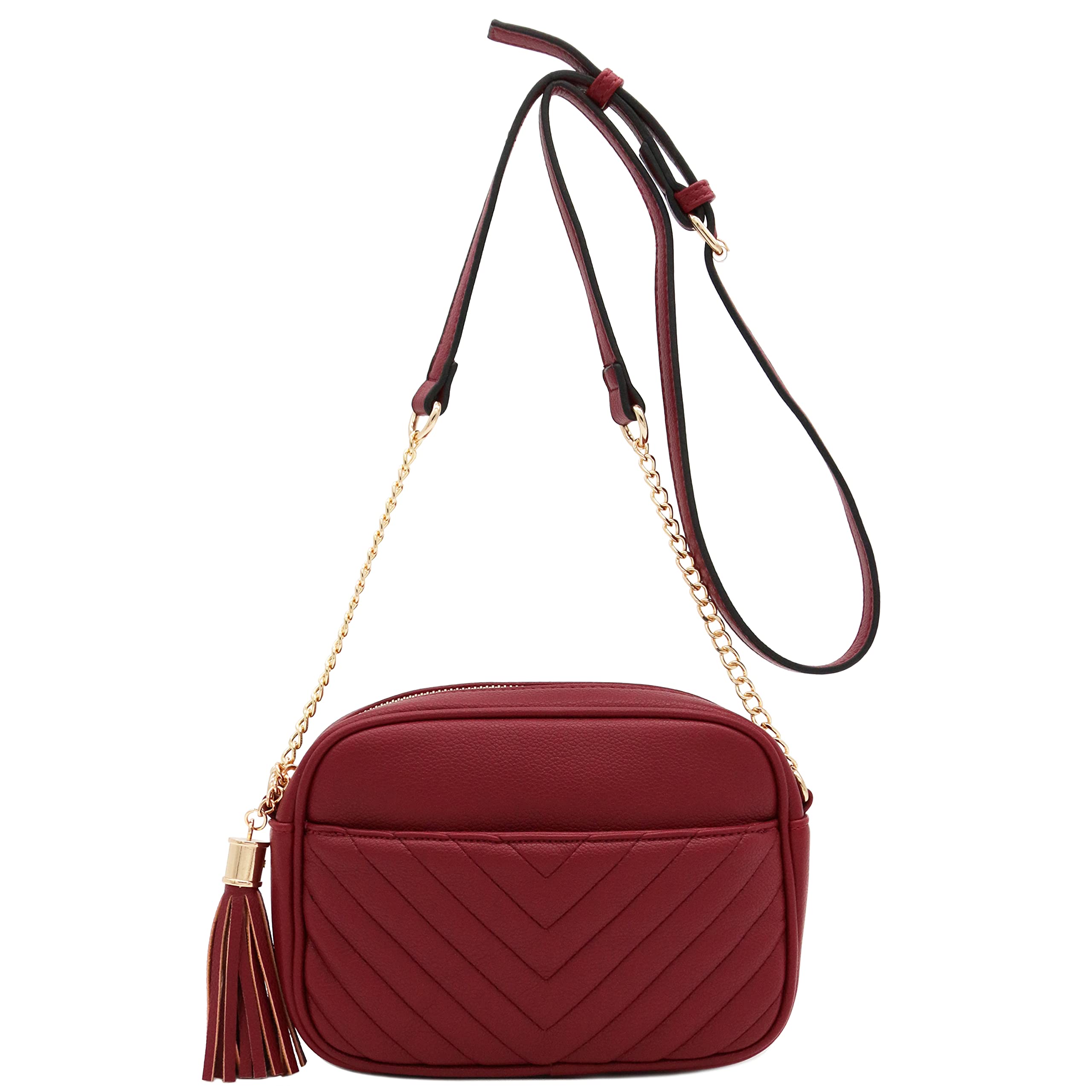 FashionPuzzle Chevron Quilted Crossbody Camera Bag with Adjustable Chain Strap & Tassel - Stylish Small Purse for Women, Perfect for Travel, Photography & Everyday Use