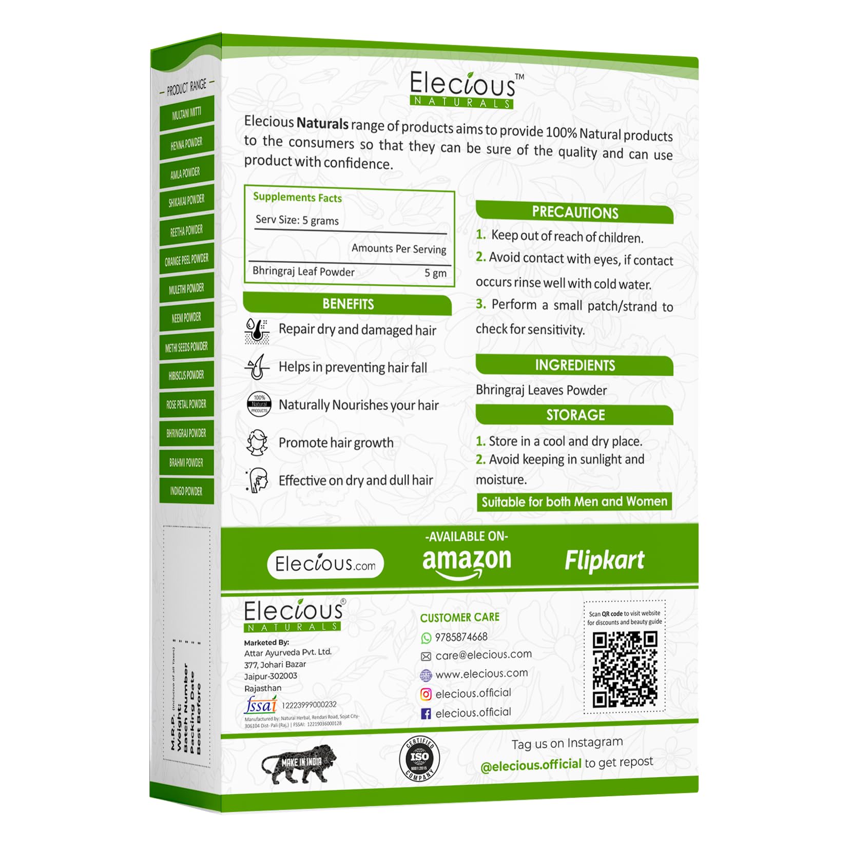 Elecious Pure Bhringraj Powder for Hair Growth & Consumption - 200g | 100% Natural, Preservative-Free | Ideal for Hair Masks, Oils & Dietary Supplement | Promotes Healthy Hair & Scalp