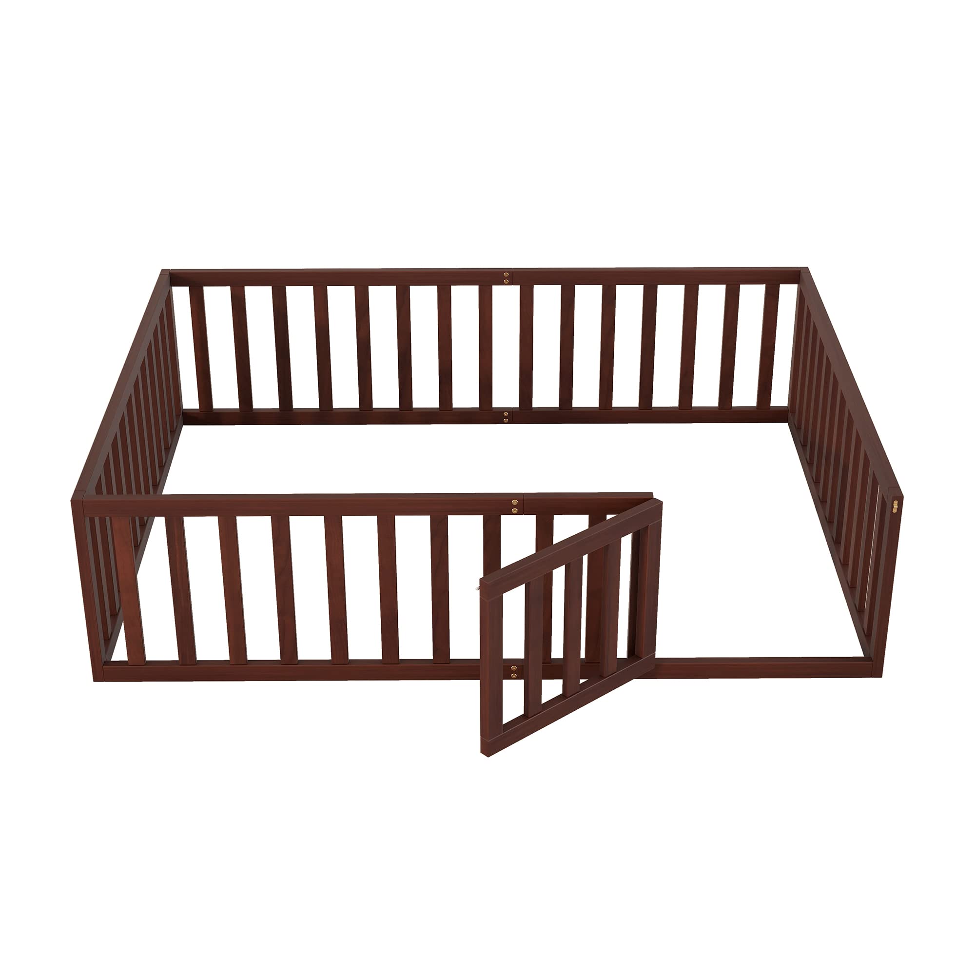 SOFTSEA Queen Floor Bed with Fence & Door - Sturdy Wooden Bed Frame for Kids & Teens - Low Profile Mattress Foundation (Spring Required) - Perfect for Montessori Rooms, Small Spaces & Sleep Safety