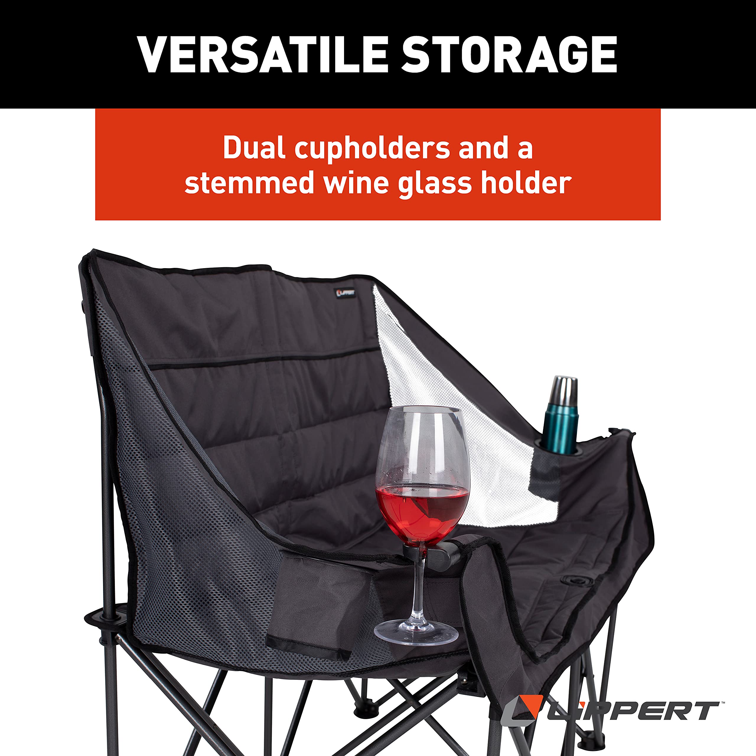 Lippert Folding Padded Loveseat for Camping - Portable Outdoor Recliner with Carry Bag, Dark Grey - Perfect for RV, Patio, Backyard & Picnic Use