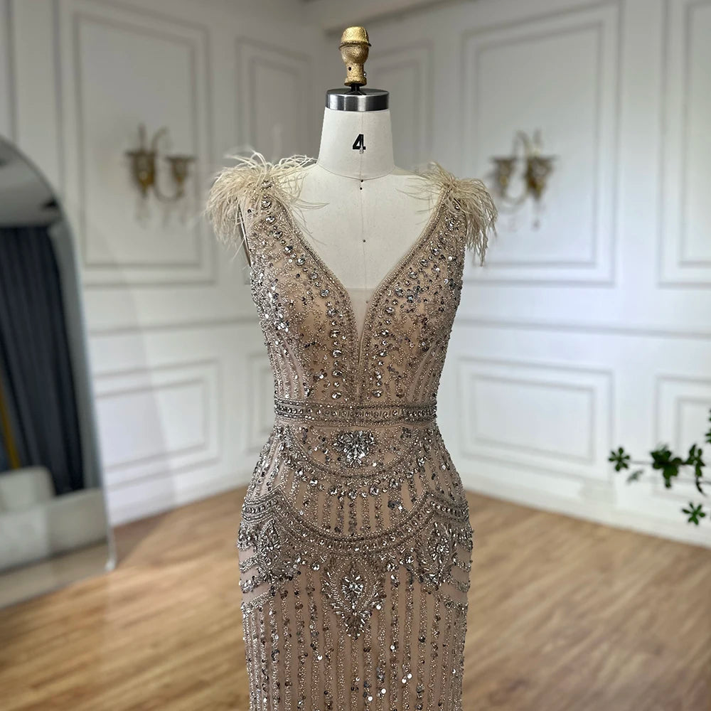 Elegant Dubai Arabic Blue Beaded Feather Mermaid Evening Gown for Women - Formal Occasion Long Dress LA72742 | Perfect for Weddings, Galas, and Red Carpet Events
