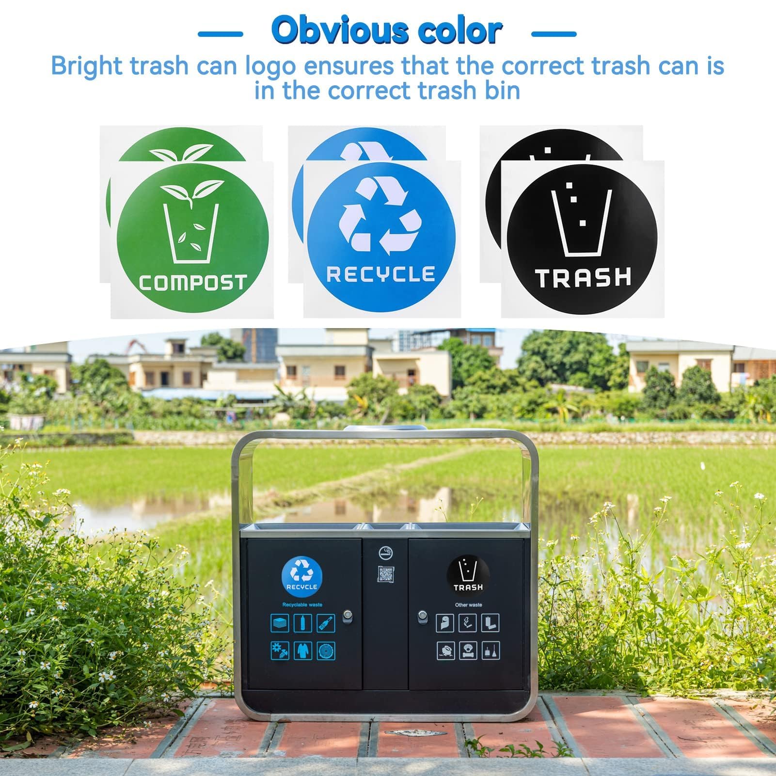 60 Pack Premium Vinyl Recycle Stickers - Trash Bin Labels & Compost Decals for Kitchen, Office & Home Use - Eco-Friendly Waste Sorting Stickers for Indoor Trash Cans & Recycling Bins