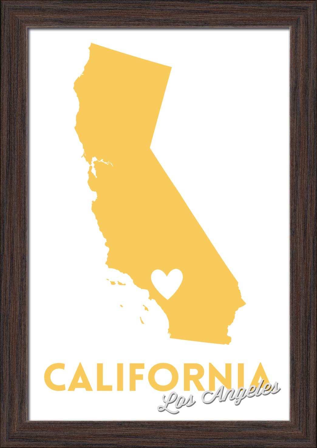 Los Angeles California State Outline and Heart Yellow Art Print - 12x18 Giclee Fine Art on Recycled Wood Frame in Espresso Brown - Perfect for Home Decor, Office Wall Art & California-Themed Gifts