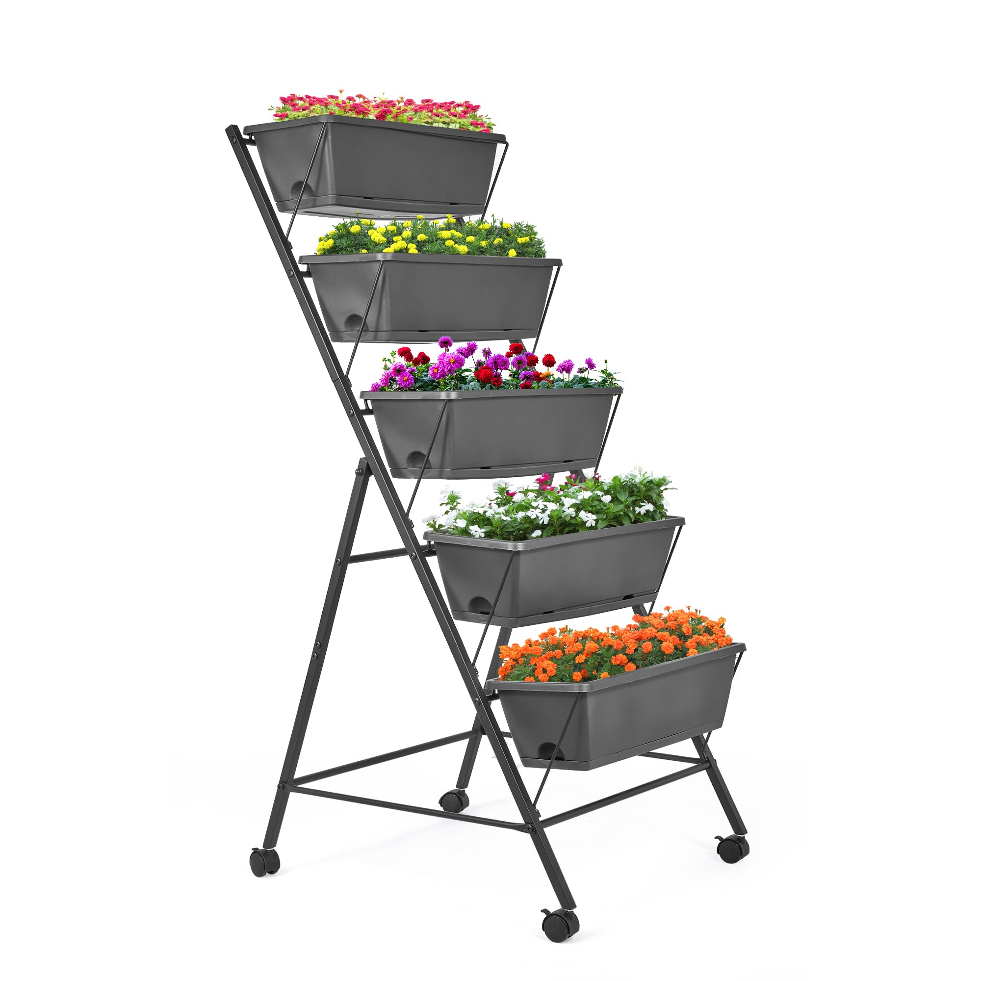 GENMOUS 5-Tier Vertical Raised Garden Bed - 45FT Tall Elevated Planter Box with Drainage Holes & Removable Tray - Outdoor Herb Flower Stand for Patio, Balcony, Porch - Perfect for Small Space Gardening, Urban Farming & Homegrown Vegetables (Black)