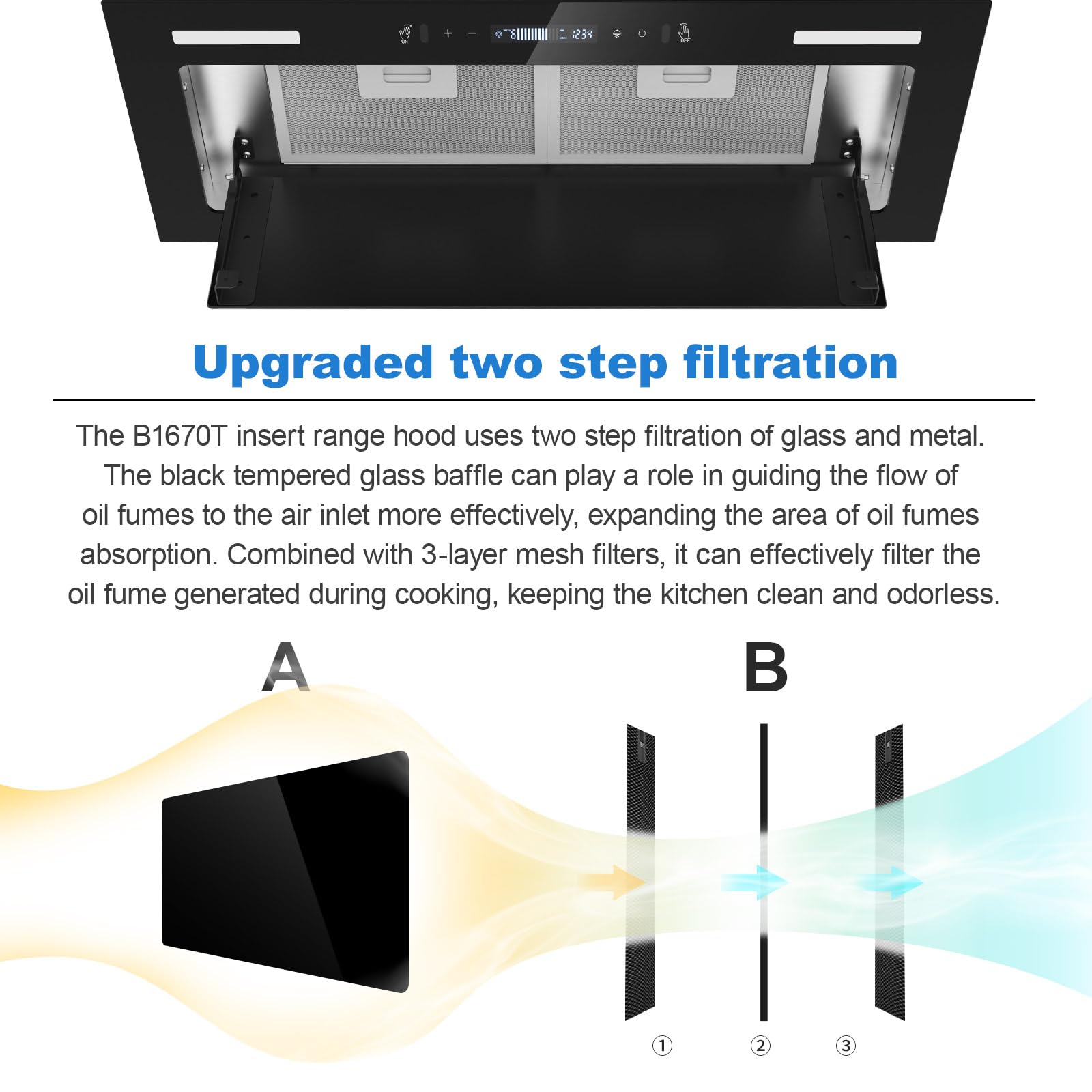 30 Inch 800 CFM Range Hood Insert - Built-in Black Glass Kitchen Vent Hood with Gesture & Touch Control, Recirculating Stove Hood with Mesh Filters, Dual LED Lights, Ducted/Ductless Convertible - Perfect for Modern Kitchens & Cooking Spaces