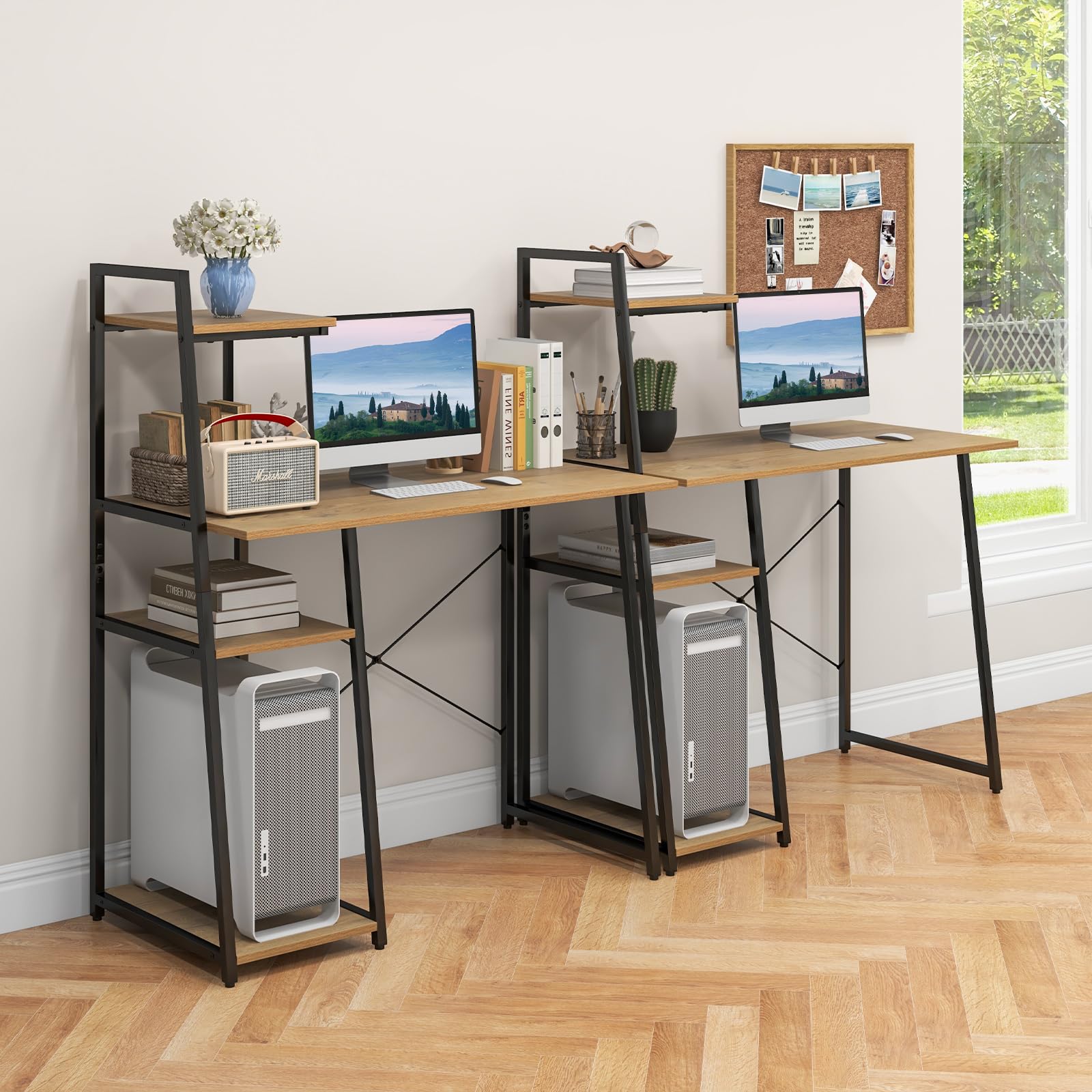 COSTWAY 47.2'' Computer Desk with 4-Tier Storage Shelves | Home Office Writing Desk with X-Shape Frame & Adjustable Feet | Modern Study Desk with Wide Tabletop (Natural/Black) for Small Spaces, Dorm Rooms & Home Offices