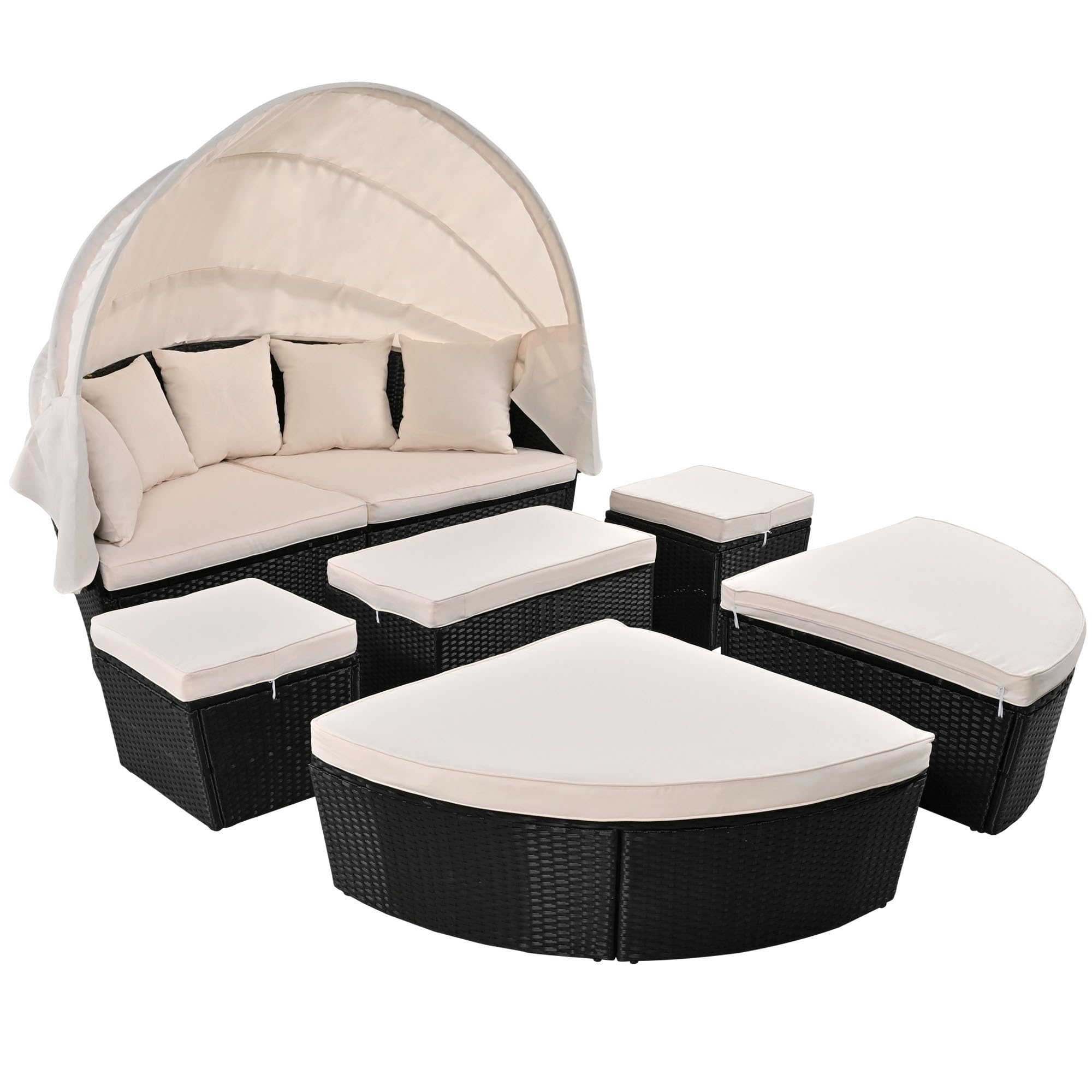 Outdoor Daybed with Retractable Canopy - Round Patio Sectional Sofa Set - Wicker Clamshell Seating with Removable Cushions - Beige - Perfect for Backyard, Porch, Poolside & Garden Relaxation