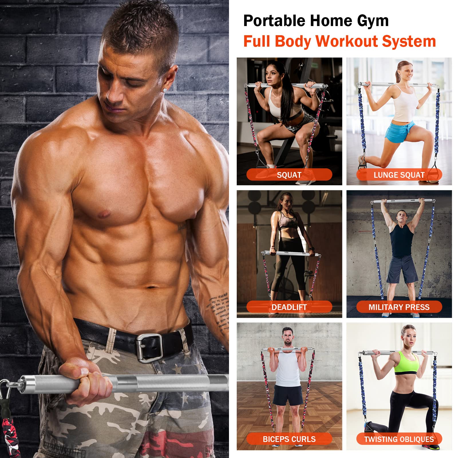 DASKING Portable Home Gym Resistance Band Set - 8 Anti-Break Stackable Bands, Detachable 500LBS 2-in-1 Pilates Bar for Full Body Workout | Strength Training, Yoga, Pilates & Home Fitness Equipment