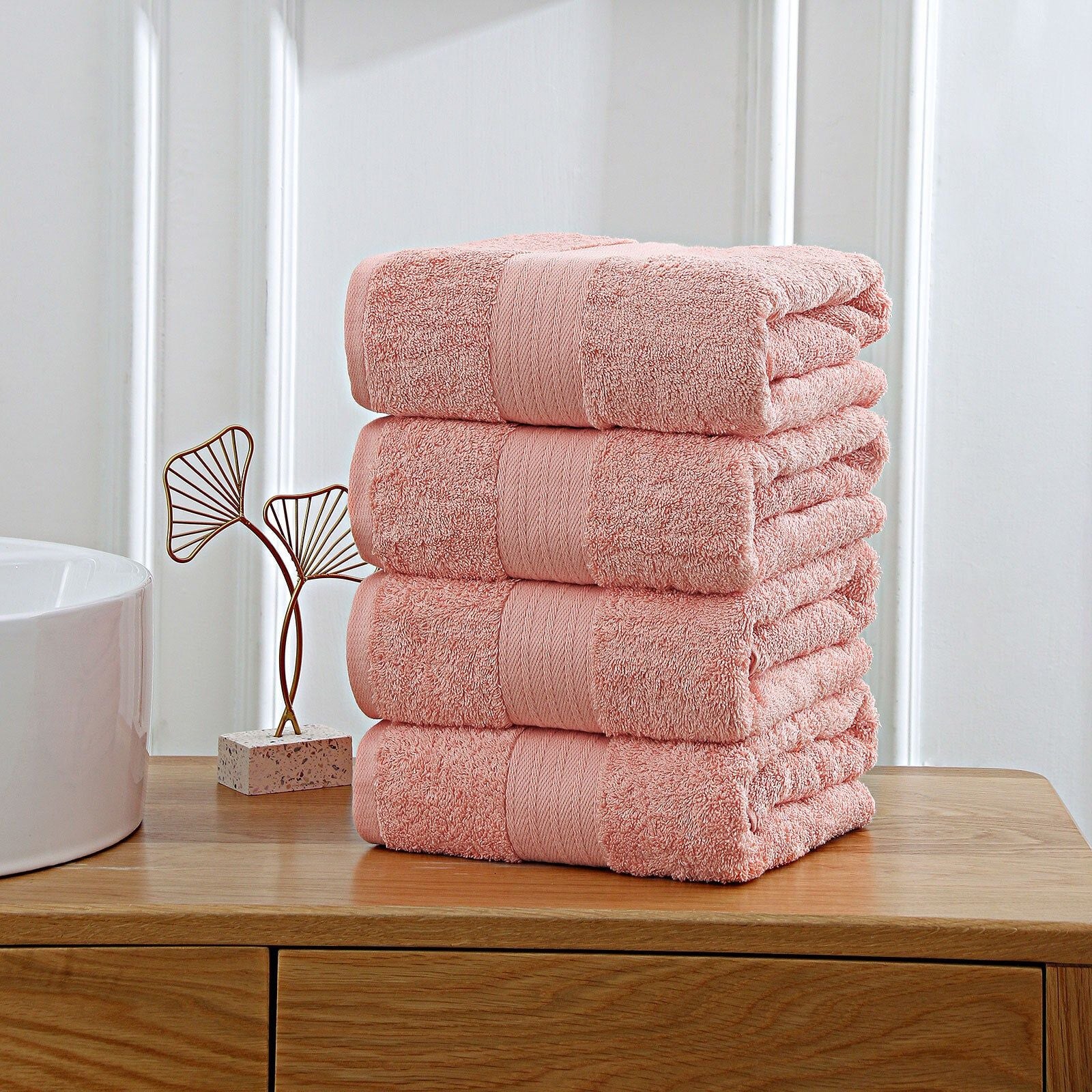Linenland 4-Piece 100% Cotton Bath Towel Set - Super Absorbent & Soft Coral Beach Towels for Bathroom, Spa & Pool Use