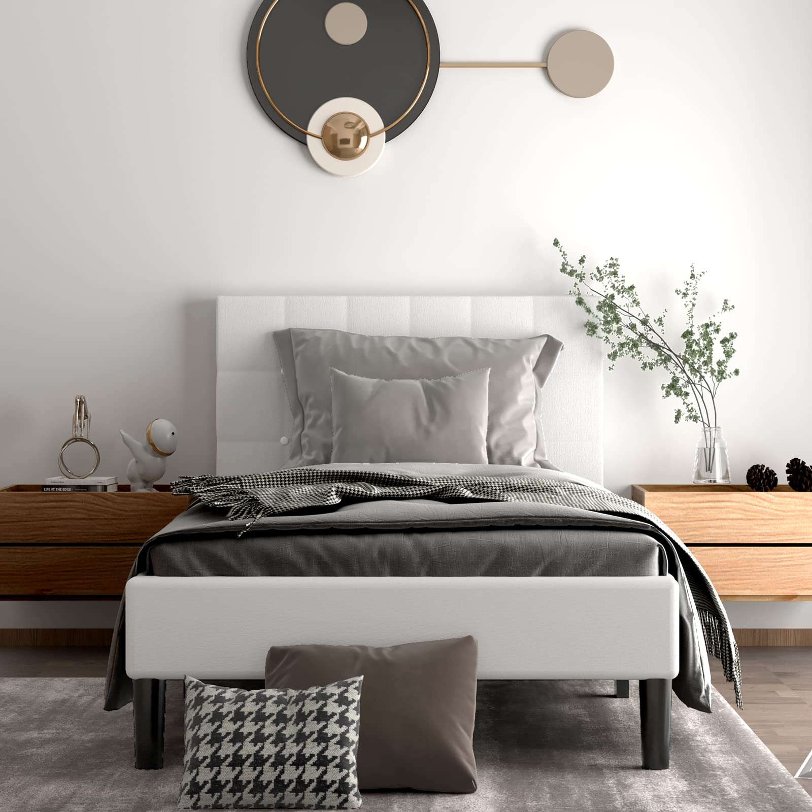 Giantex Twin Upholstered Platform Bed Frame with Button Tufted Headboard - Wood Slat Support Mattress Foundation & Sponge Stuffed Backrest - Beige Bed Base for Small Bedrooms, Guest Rooms & Dormitories