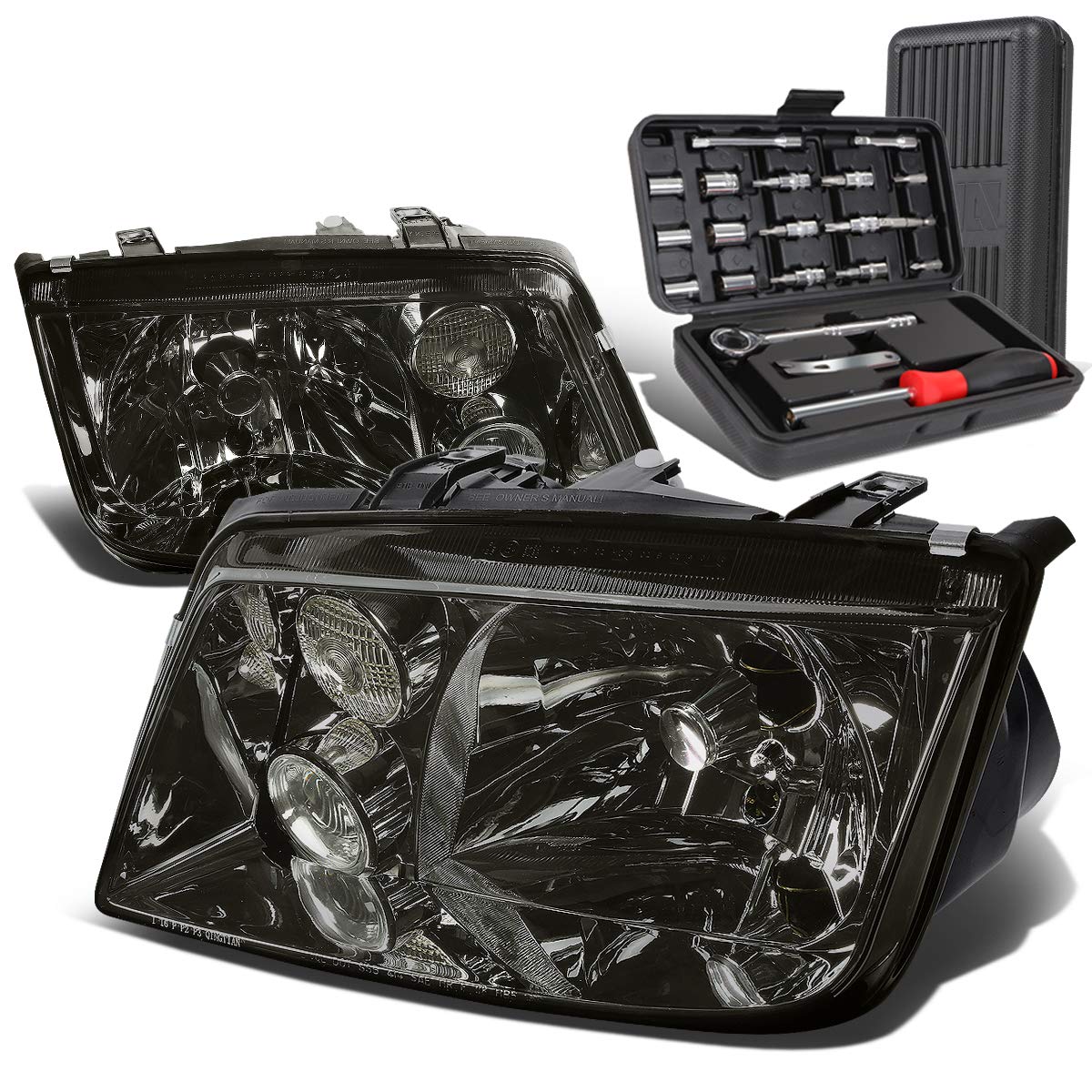 Auto Dynasty E-Code Style Halogen Headlight with Fog Lamp & Tool Kit Set for VW Jetta MK4 1999-2005 - Smoked Housing (Driver & Passenger Side) | Improved Visibility & Style for Night Driving & Custom Car Upgrades