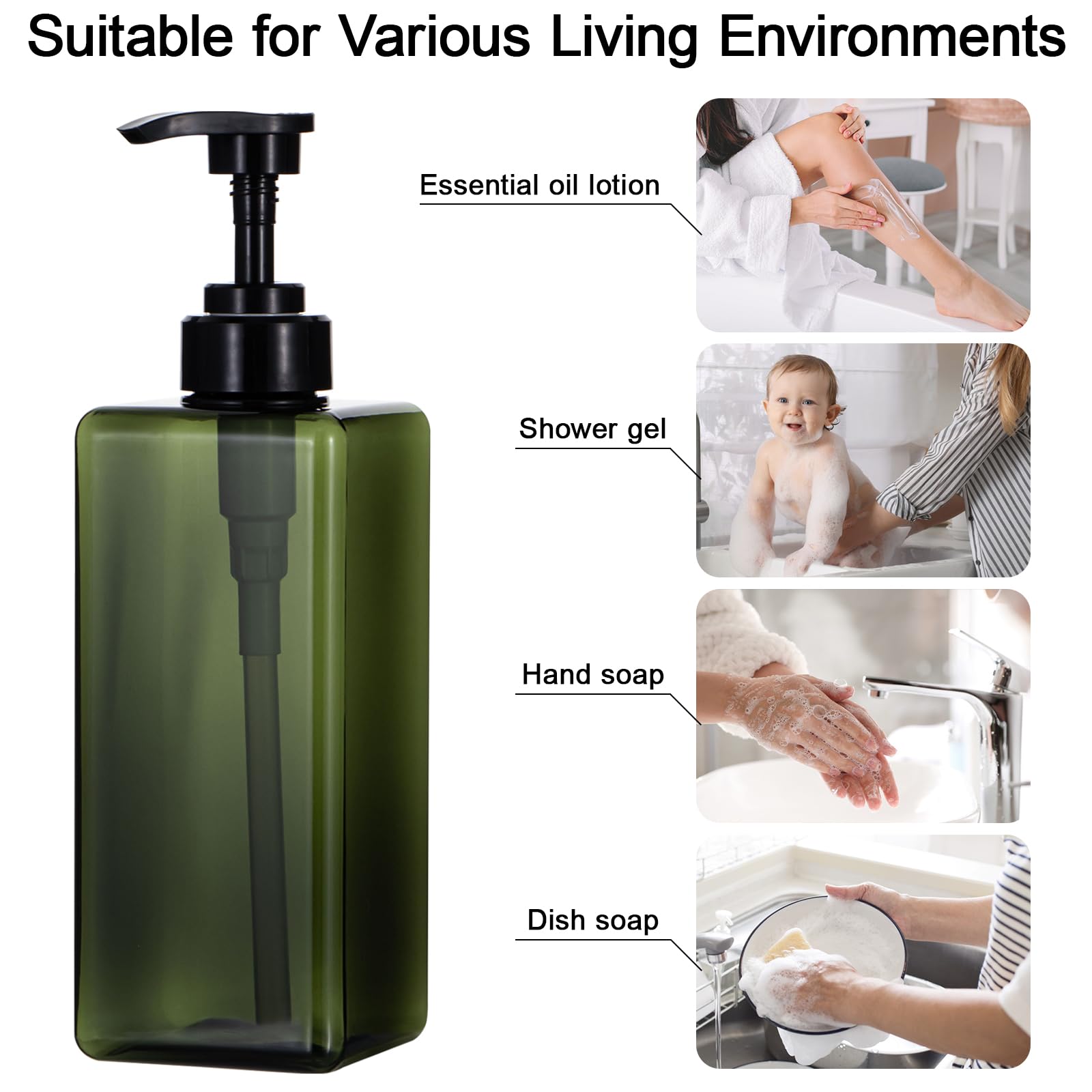 Yeeco 3 Pack 22OZ/650ML Soap Dispenser with Hand Pump - Refillable Shampoo, Conditioner & Liquid Dispenser for Bathroom, Hotel & Kitchen - Includes Labels for Shower Bottles (Green) - Perfect for Home, Salon & Travel Organization