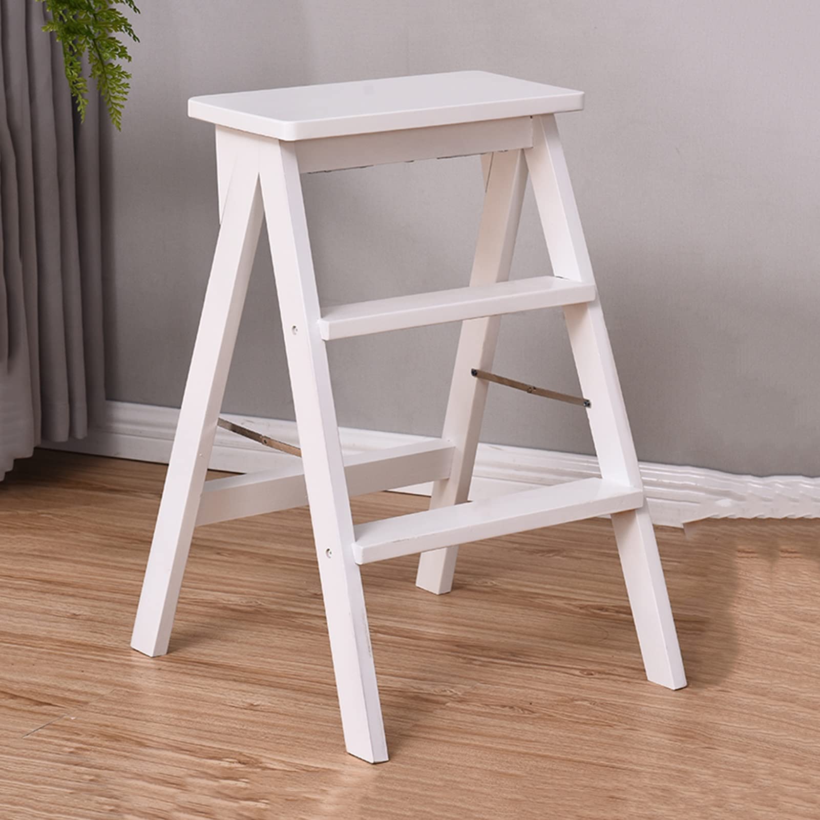 Foldable Wooden Step Stool - Portable Non-Slip Kitchen Ladder for Home, Bathroom & Counter Use | Compact White Foot Stool Perfect for Reaching High Shelves & Household Chores