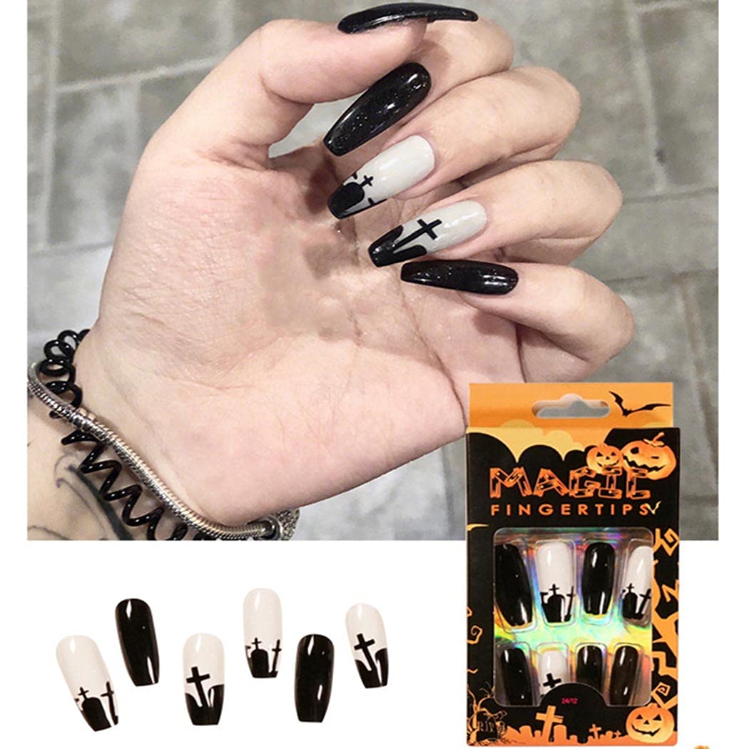 **24Pcs Halloween Press on Nails - Glossy Extra Long Coffin Fake Nails, Black & White Acrylic False Nails for Women & Girls | Full Cover Stick on Nails for Parties, Cosplay & Costume Events**