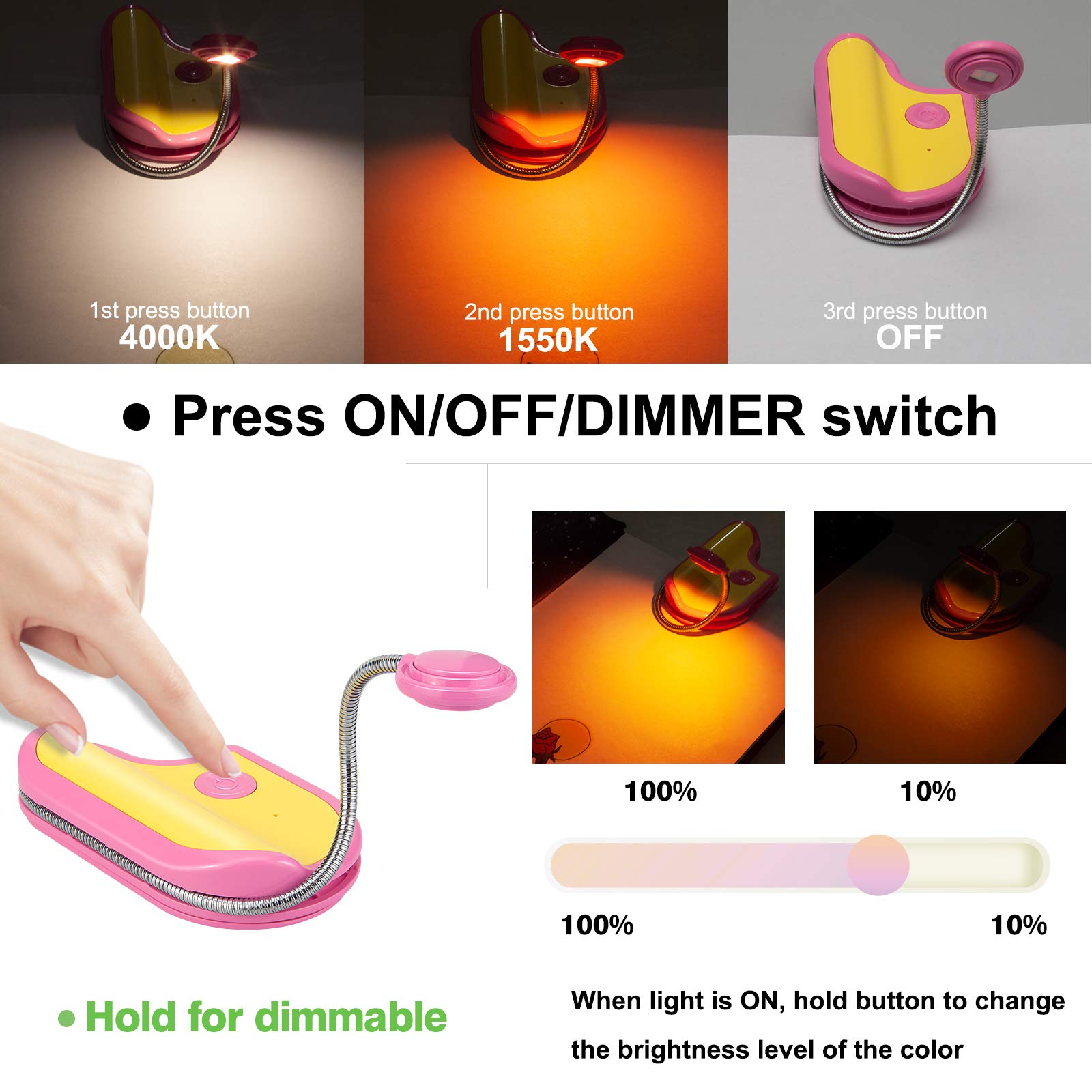 BIGMONAT Rechargeable LED Reading Light for Kids - Portable Amber Book Light with 360° Rotatable Neck, Wireless Clip-On Lamp for Night Reading, Study, and Travel (Pink) - Perfect for Bedtime Stories, Homework, and Camping