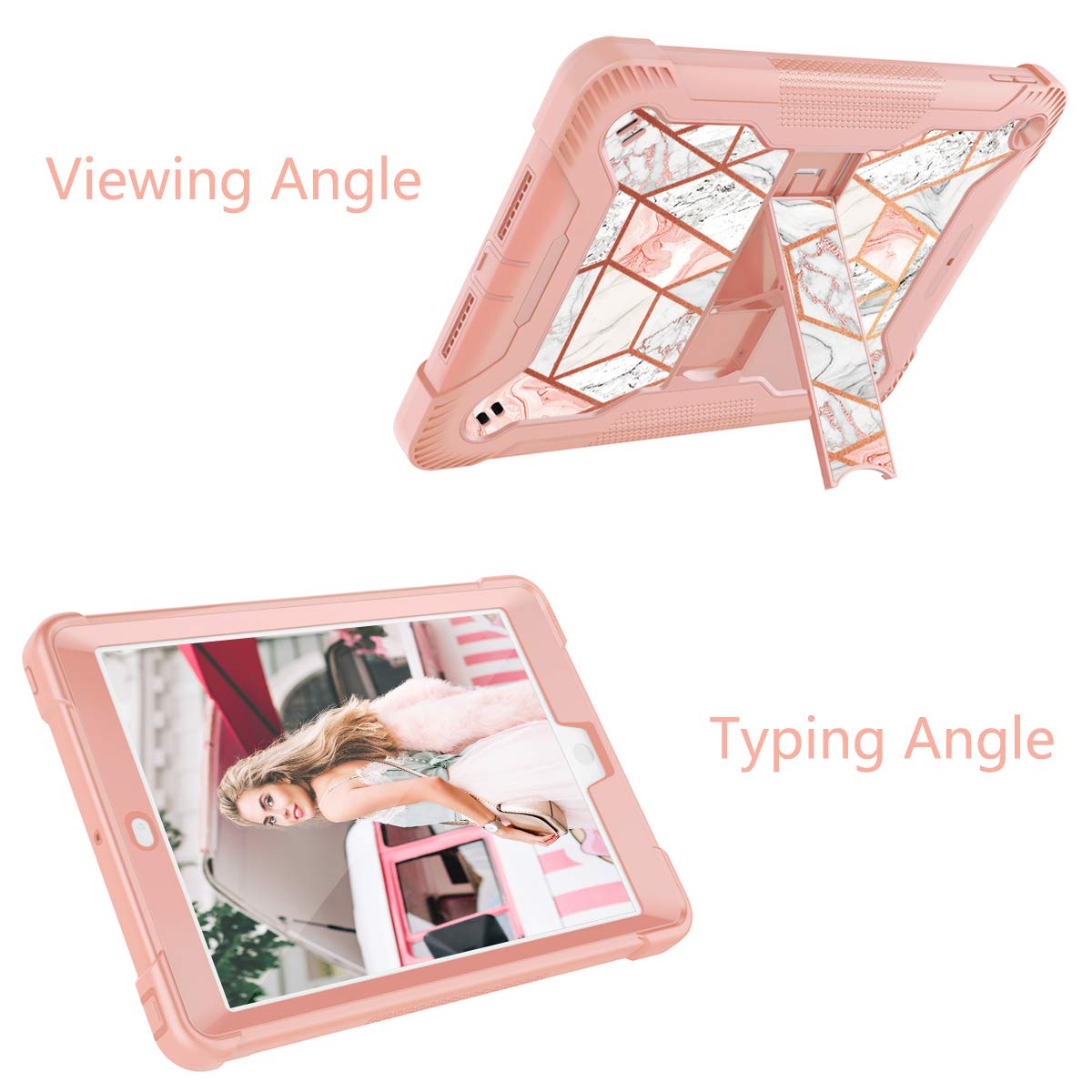 Fingic Marble Rose Gold Glitter iPad 10.2 Case with Kickstand - Shockproof Hybrid Hard PC & Silicone Rugged Bumper Protective Cover for iPad 9th/8th/7th Generation - Perfect for Work, School & Travel