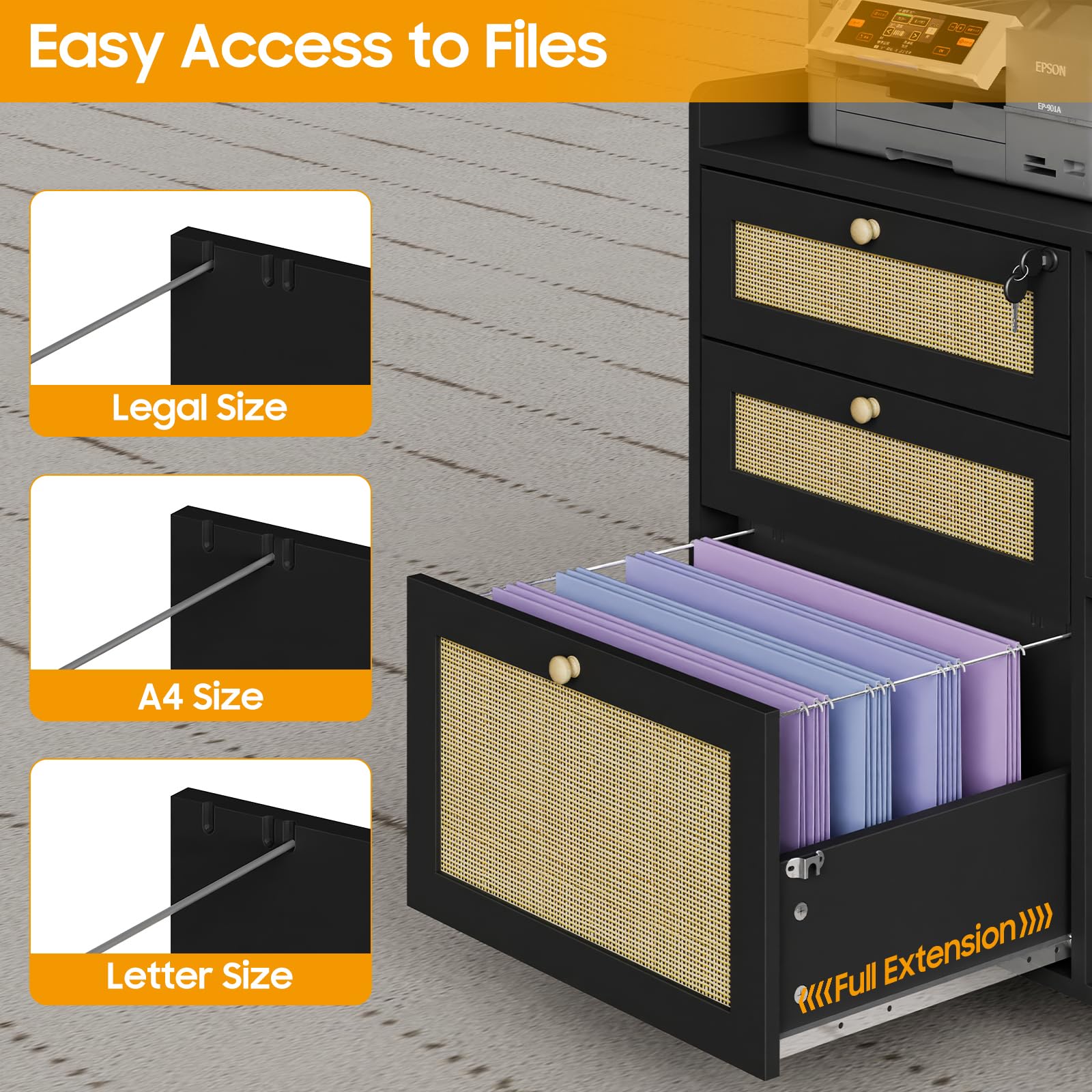 Rattan Lateral File Cabinet with 3 Drawers and Shelves - Large Storage Organizer for Home Office, Mobile Printer Stand with Lock - Fits Legal/Letter/A4 Size Documents - Perfect for Organizing Files, Office Supplies, and Workspace Essentials