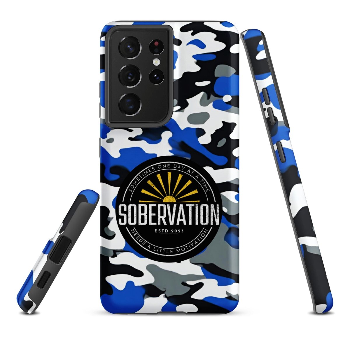Sobervation Blue Camo Samsung Galaxy Phone Case - Durable Protective Cover for Samsung S23/S22/S21 - Perfect for Recovery & Sober Living Support