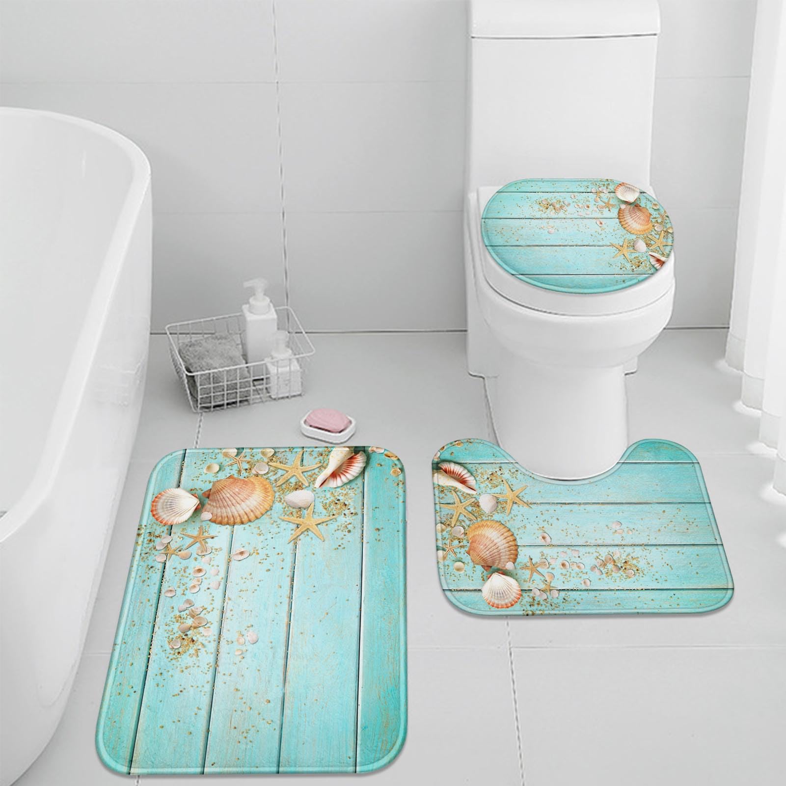 Britimes Beach Seashell Bathroom Rug Set of 3 - Non-Slip Washable Bath Mats for Kitchen, Bathroom & Bedroom - Coastal Decor Floor Mats for Summer Home Decor