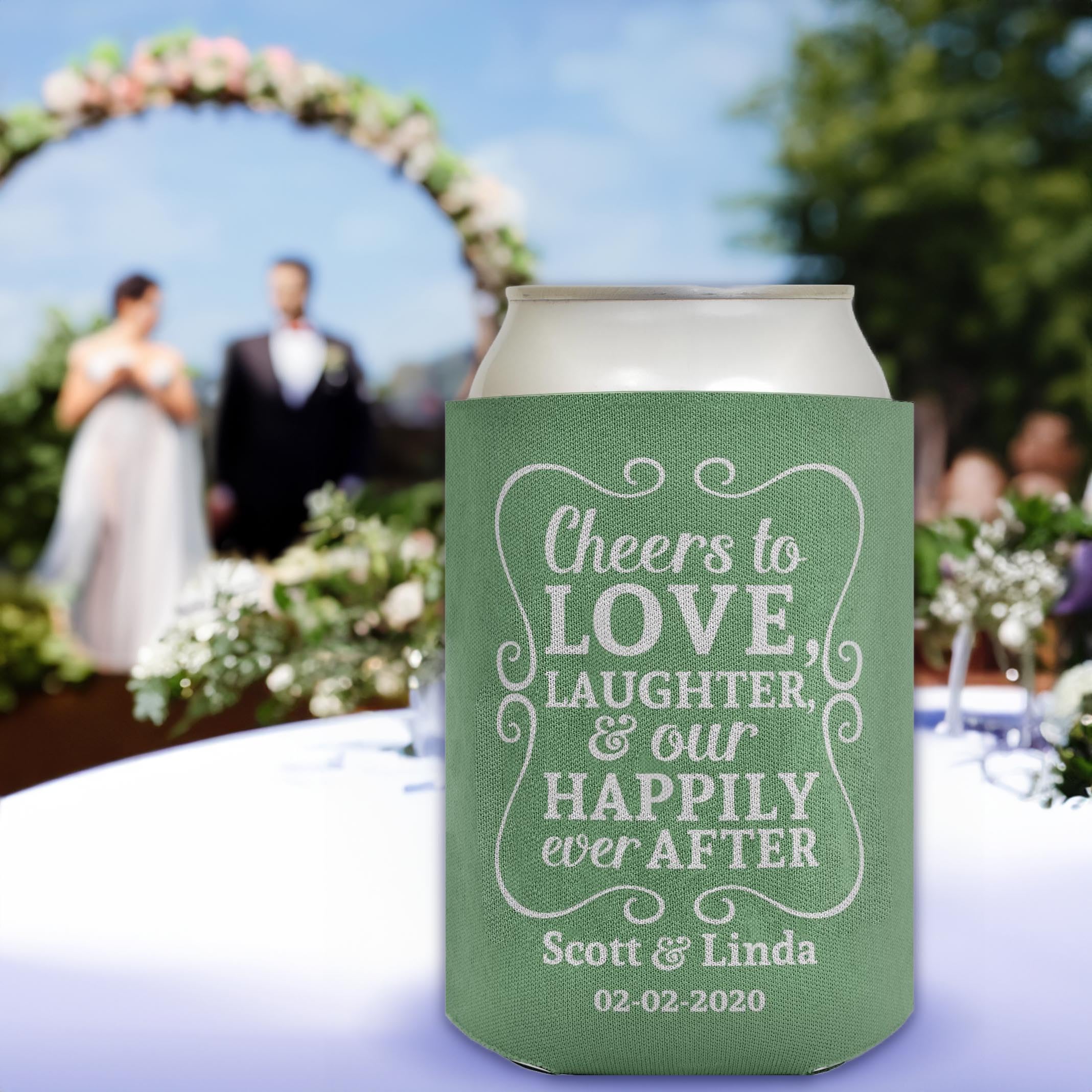 Cheers To Love Custom Names & Date 48-Pack Personalized Can Coolers - Sage Green Drink Sleeves for Beer, Soda & Cocktails - Perfect for Weddings, Parties & Outdoor Events