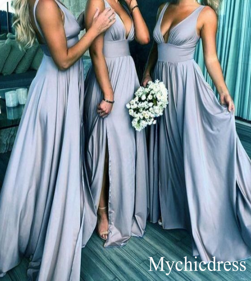 Elegant Backless V-Neck Gold Bridesmaid Dress with High Slit - Perfect for Beach Weddings, Formal Events & Evening Parties