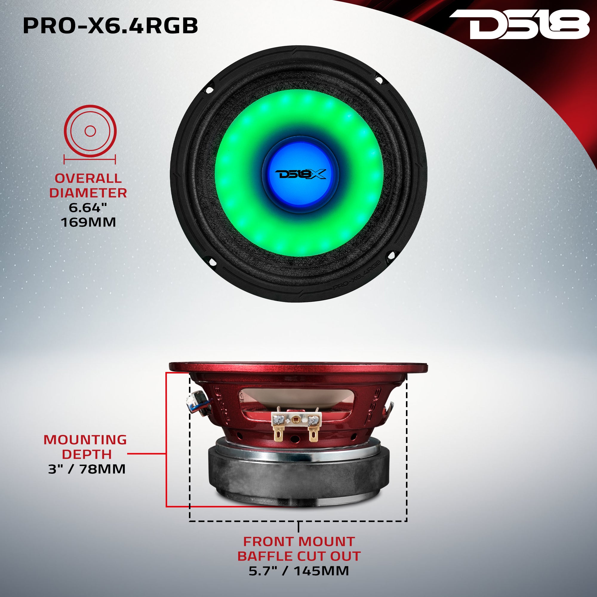6.5 Inch Mid Range Loudspeaker with Dual RGB LED Lights for Cone & Dust Cap - 250 Watts 4 Ohm Car Audio Speaker for Home Theater, DJ Setup, and Live Performances