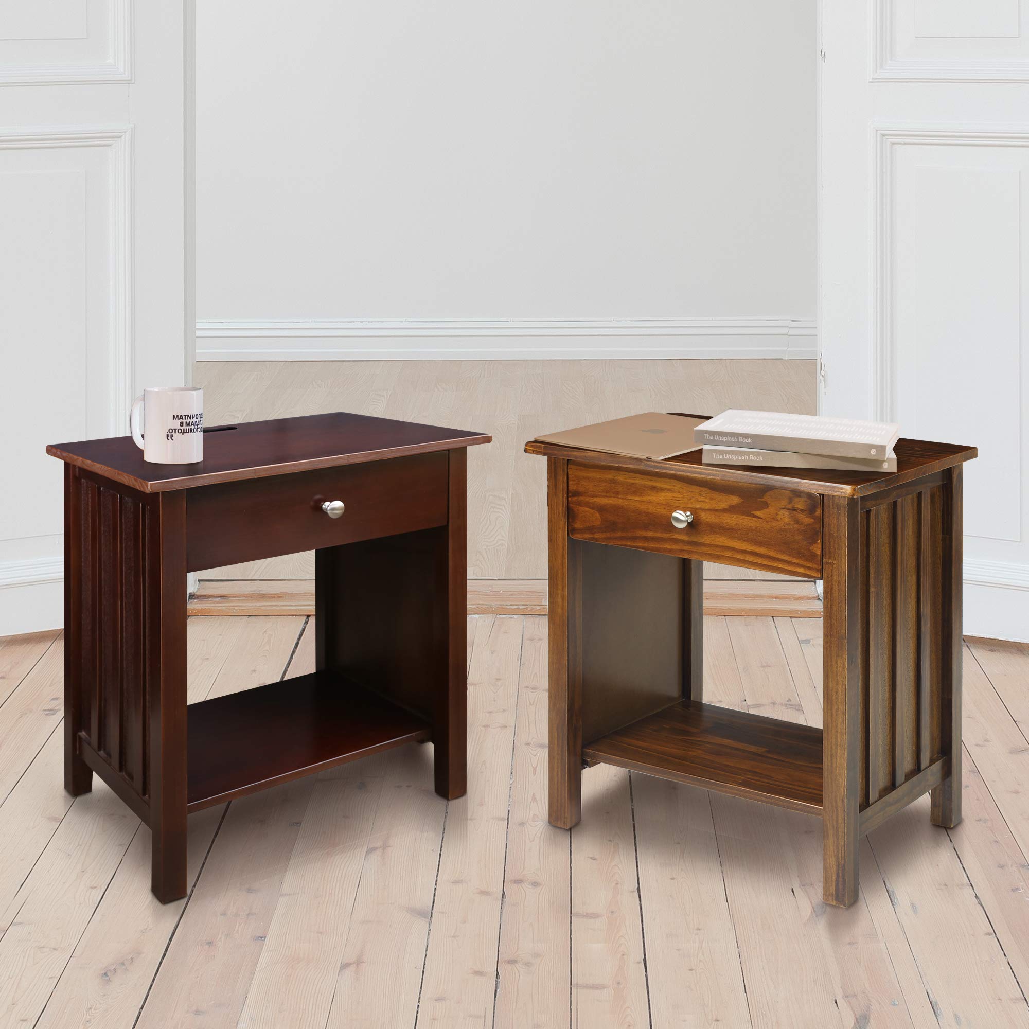 Casual Home Vanderbilt Nightstand with USB Port - Warm Brown Wood Bedside Table for Bedroom, Living Room & Office - Nightstand with Charging Station & Storage Drawer