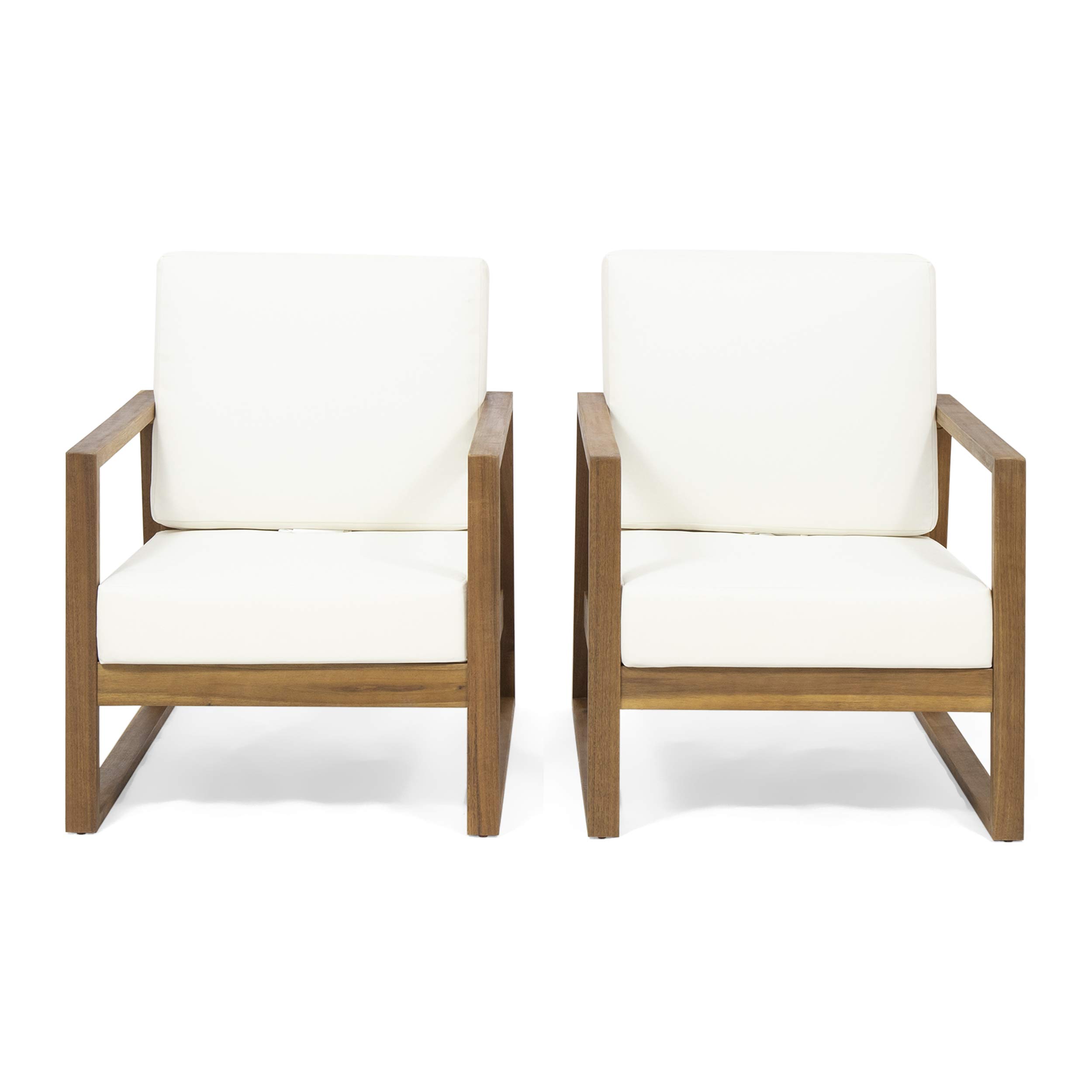 Premium Acacia Wood Outdoor Club Chairs with Cushions (Set of 2) - Weather-Resistant Beige Patio Furniture for Garden, Poolside & Backyard Relaxation