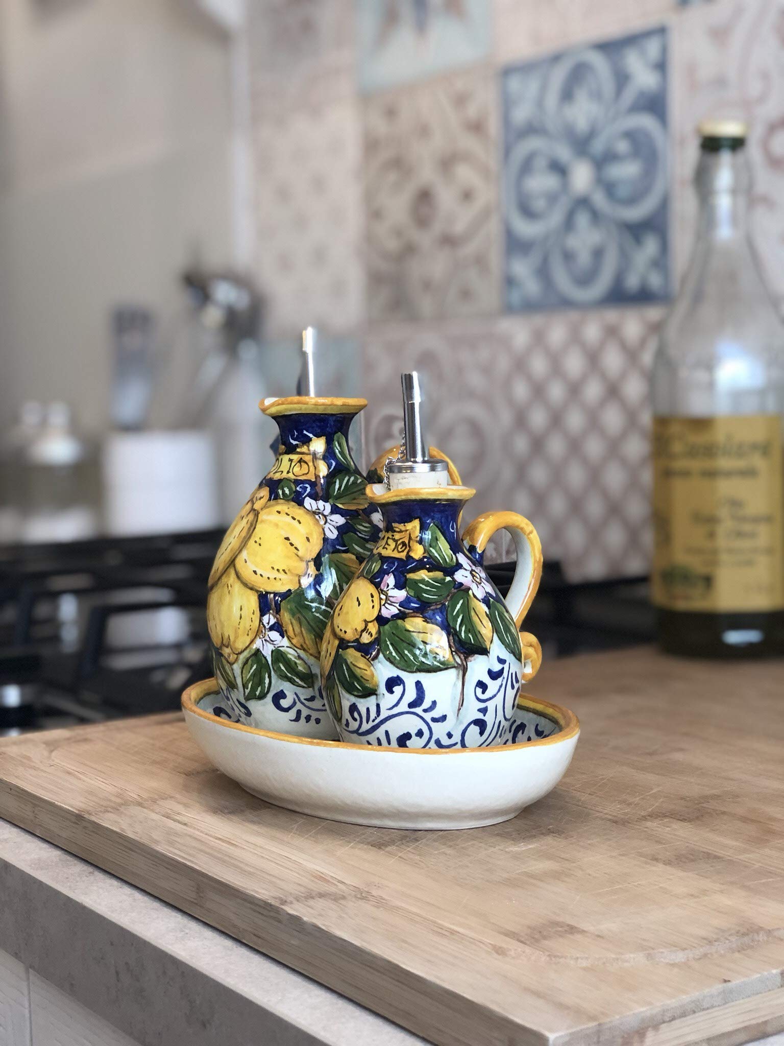 Italian Hand-Painted Tuscan Ceramic Oil and Vinegar Cruet Set with Lemon Decorated Tray - Artisanal Pottery Made in Italy | Perfect for Kitchen, Dining Table & Tuscan-Themed Home Decor