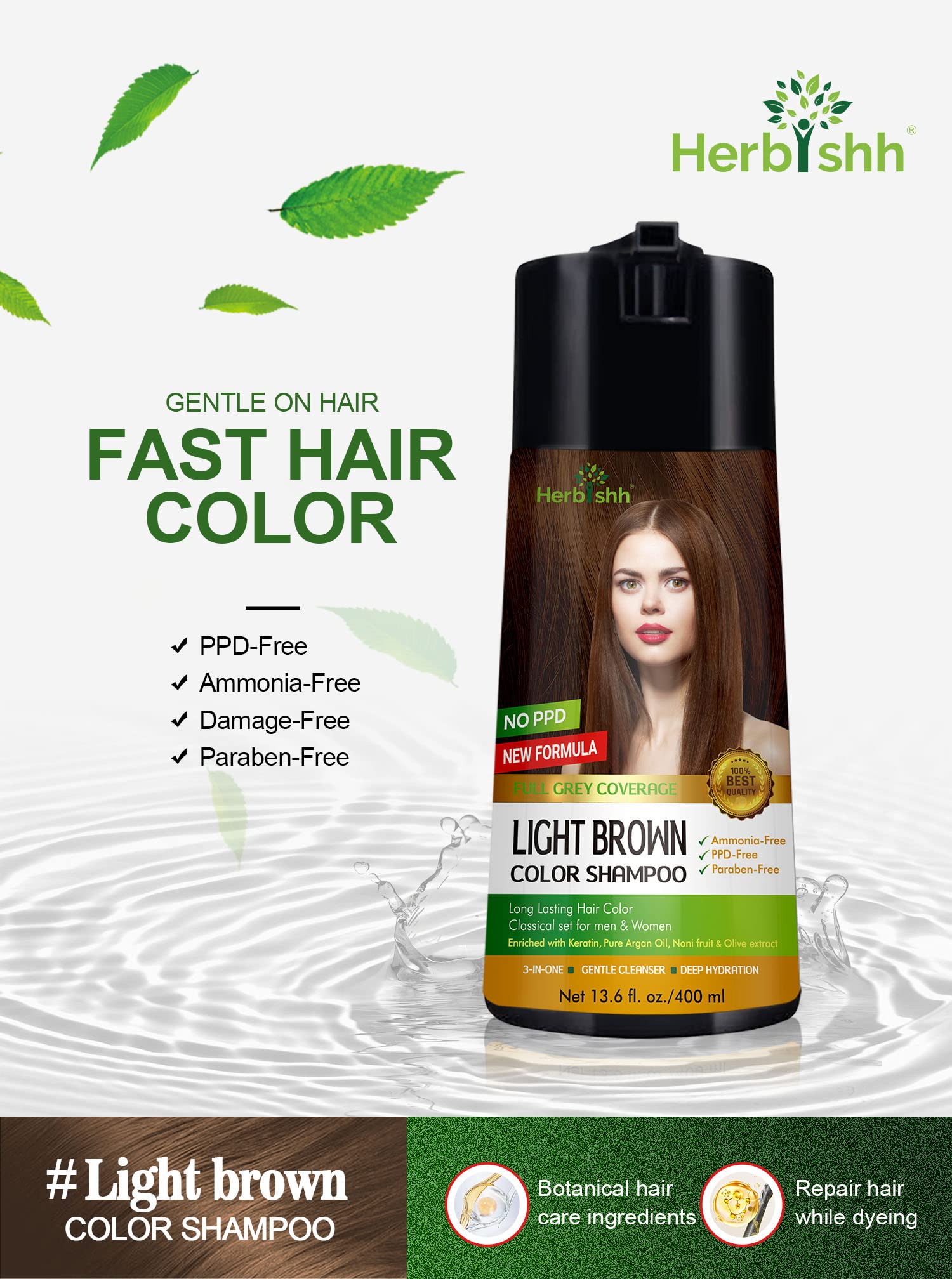 Light Brown Hair Color Shampoo for Gray Hair 400ml + Ginger Hair Revitalizing Shampoo with Deep Sea Salt - Vegan Treatment for Weak & Brittle Hair | At-Home Hair Coloring & Scalp Care Solution