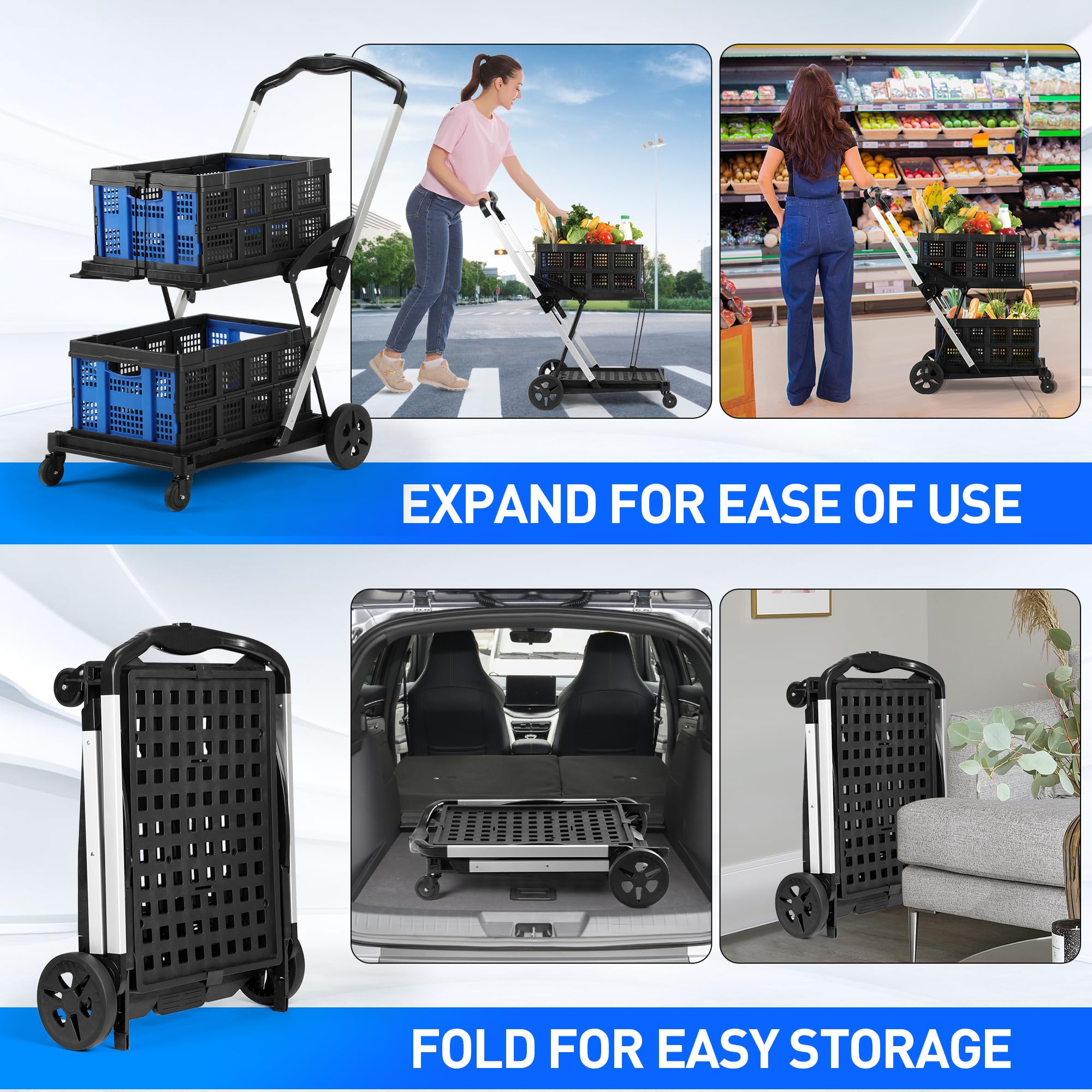 200lbs Capacity 30x18 Inch Foldable Shopping Cart with Wheels - Adjustable Collapsible Grocery Trolley with 2 Removable Baskets for Supermarket, Picnic & Outdoor Activities (Blue)