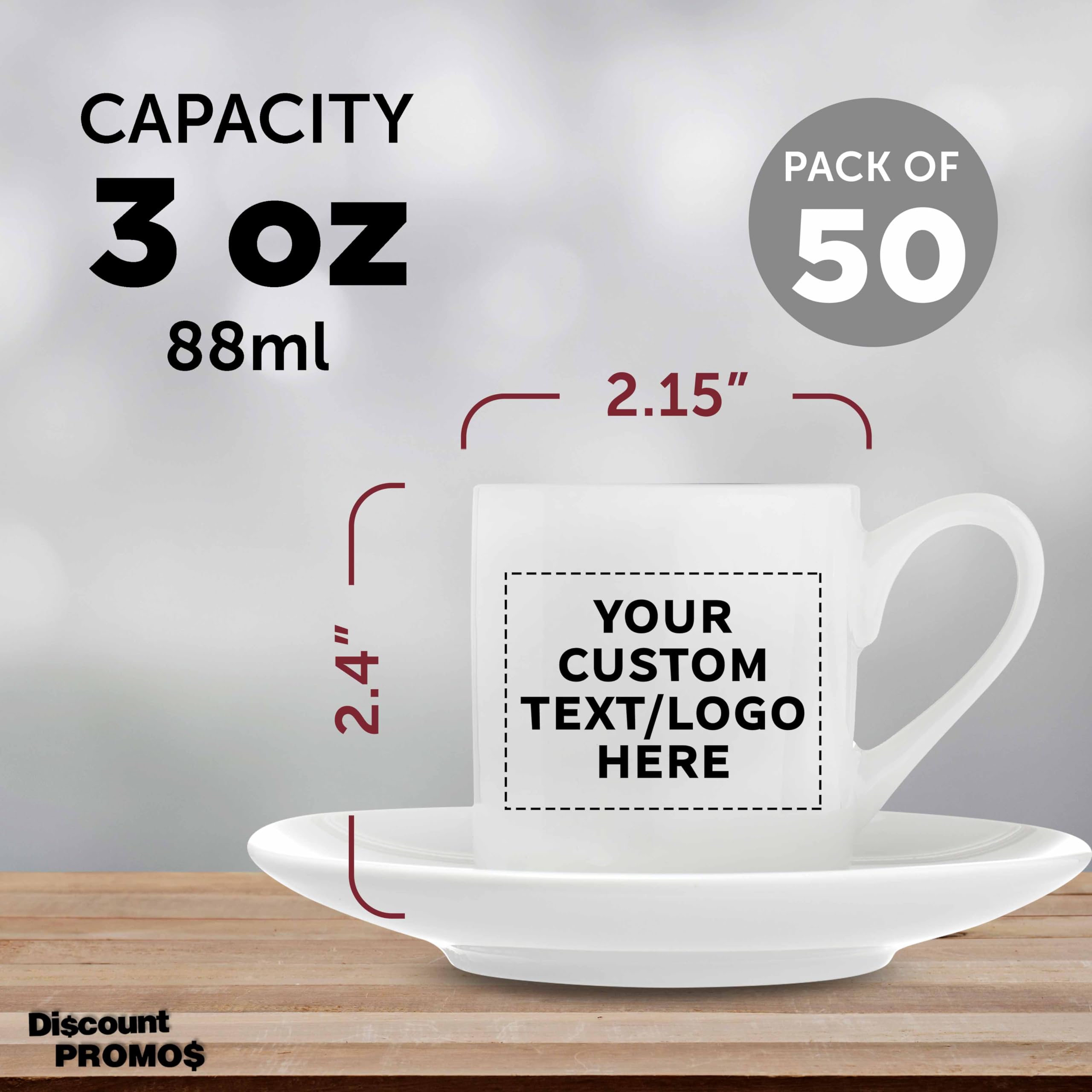 50-Piece Porcelain Espresso Cup and Saucer Set - 3 oz White Coffee Cups with Custom Text & Logo - Perfect for Coffee Shops, Restaurants, and Home Use